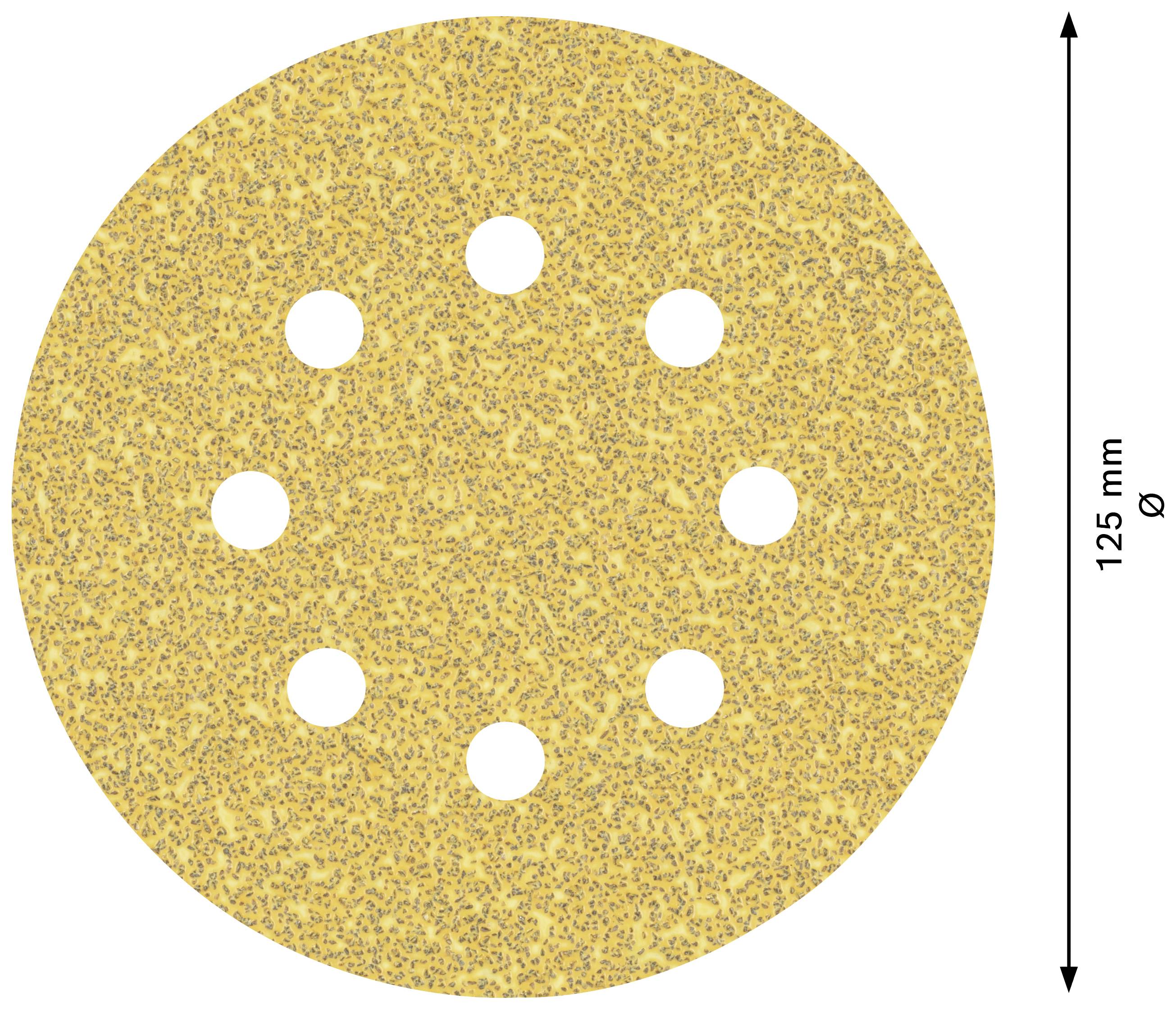 Et rundt slibepapir med en diameter på 125 mm og otte jævnt fordelte huller.
