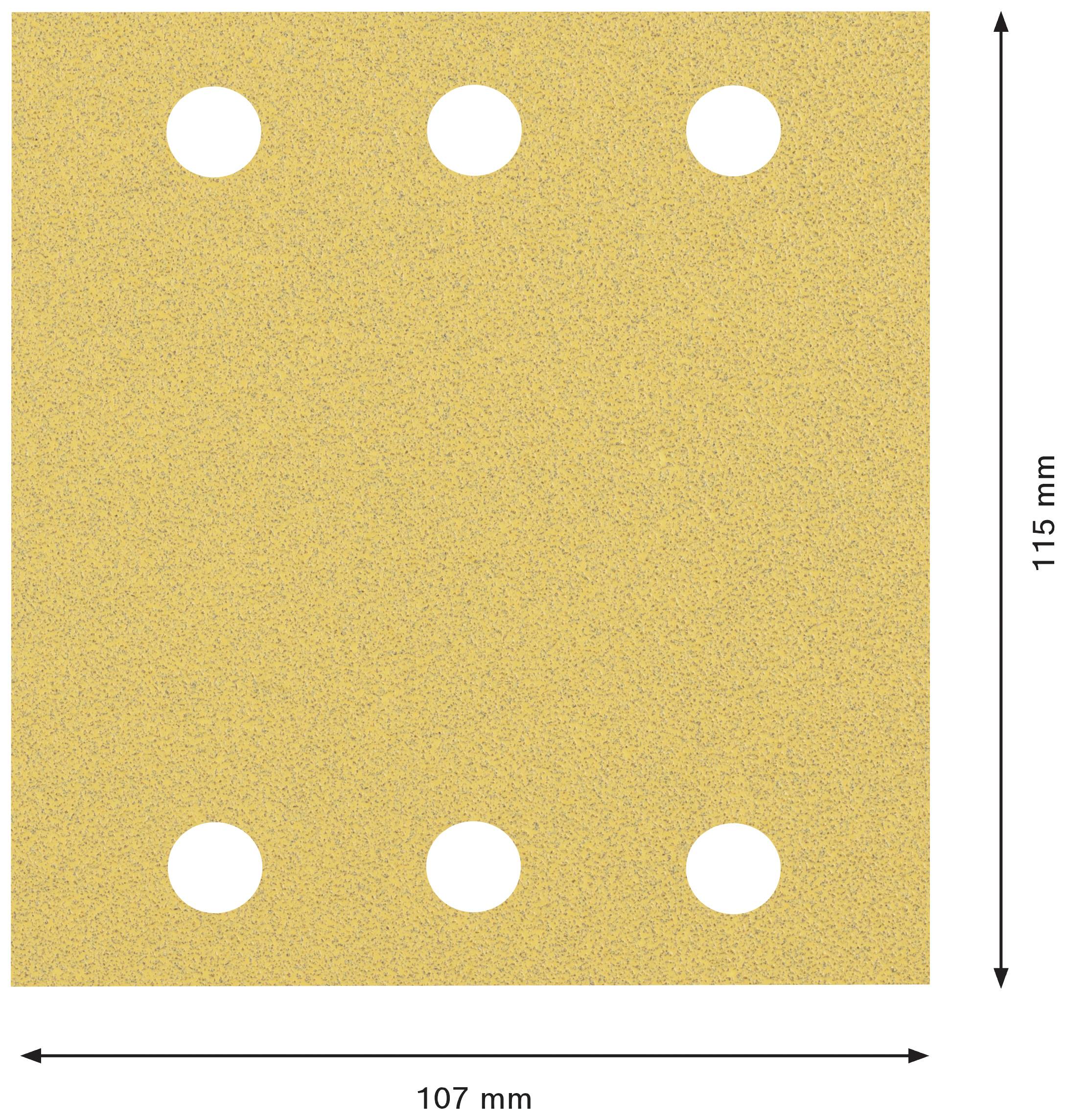 Slibepapirark med fem runde huller; dimensioner er 107 mm x 115 mm.