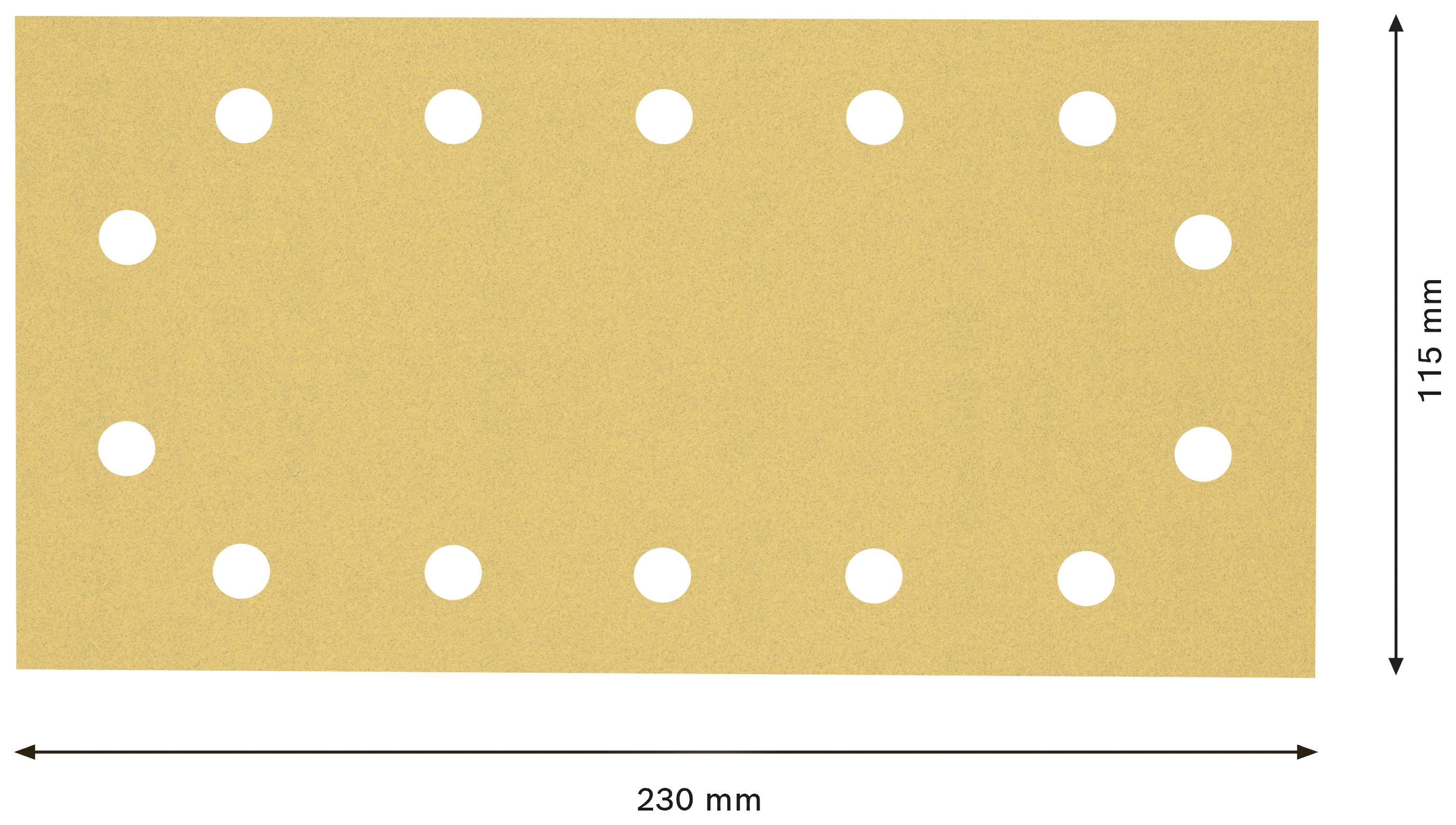Rektangulært slibepapir med dimensioner på 230 mm x 115 mm med ensartet fordelte huller.
