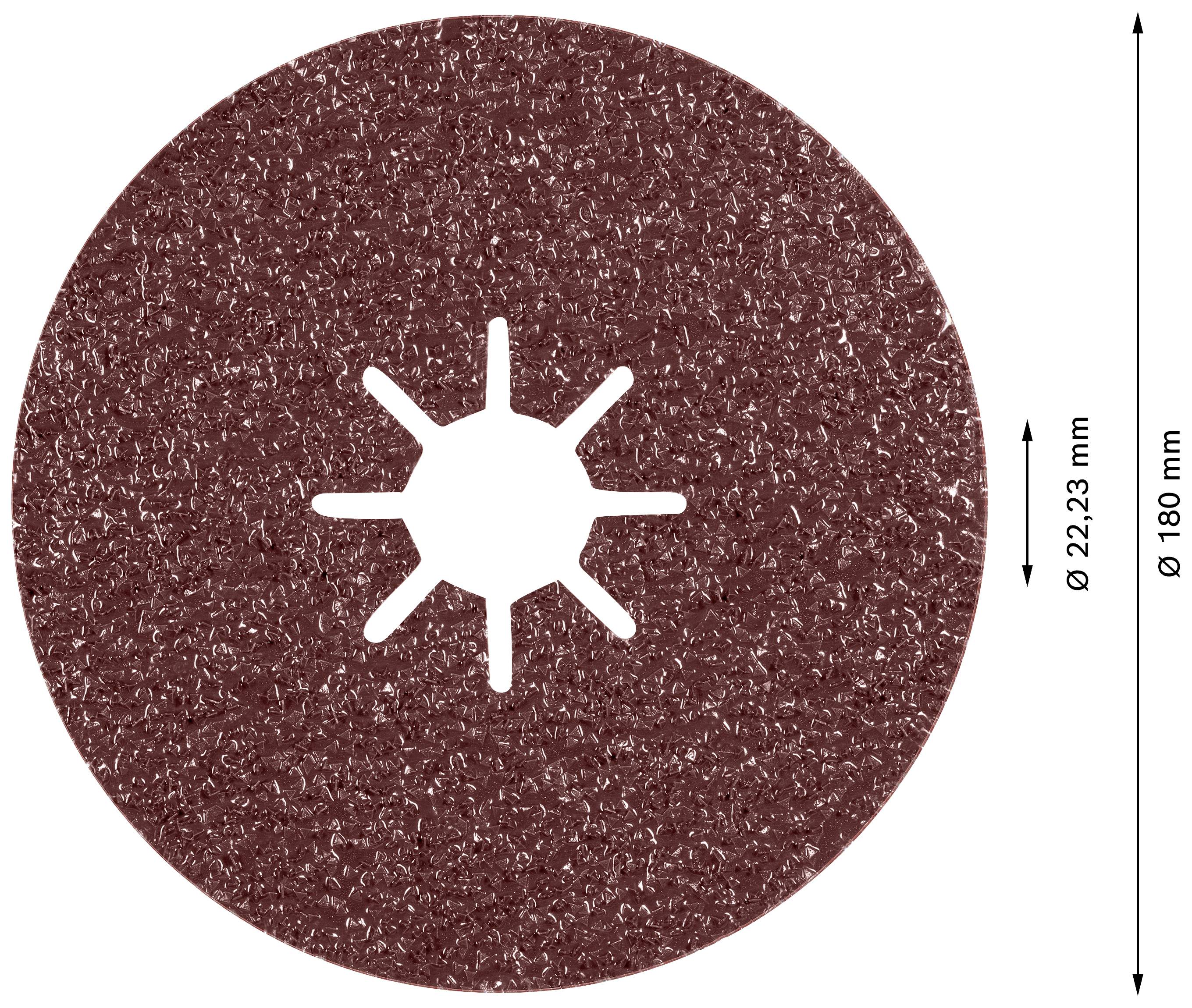 'Rund slibeskive med stjernedannet udskæring i midten. Diameter 180 mm, indvendig åbningsdiameter 22,23 mm.'
