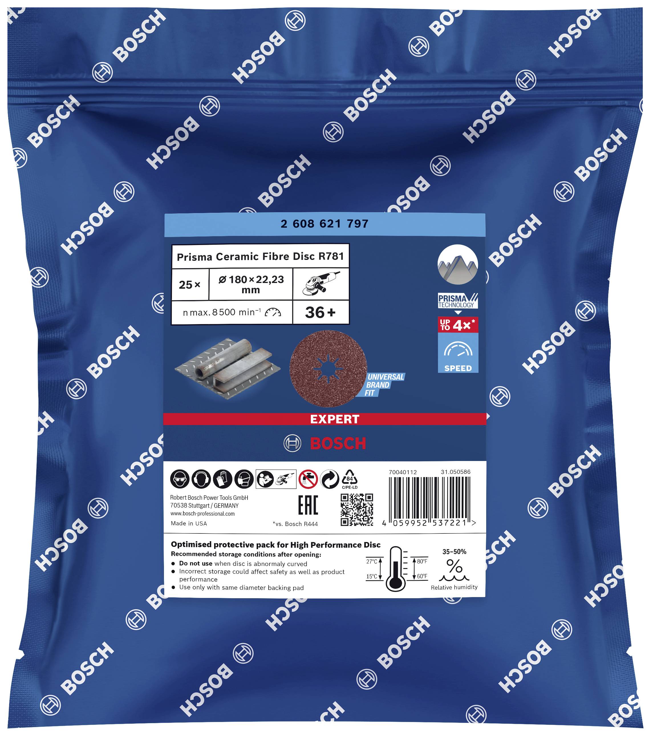 Bosch Prisma keramisk fiberskive R781, Model 180 x 22,23 mm, 36+ kornstørrelse, egnet for op til 8500 o/min, i ekspert-området.