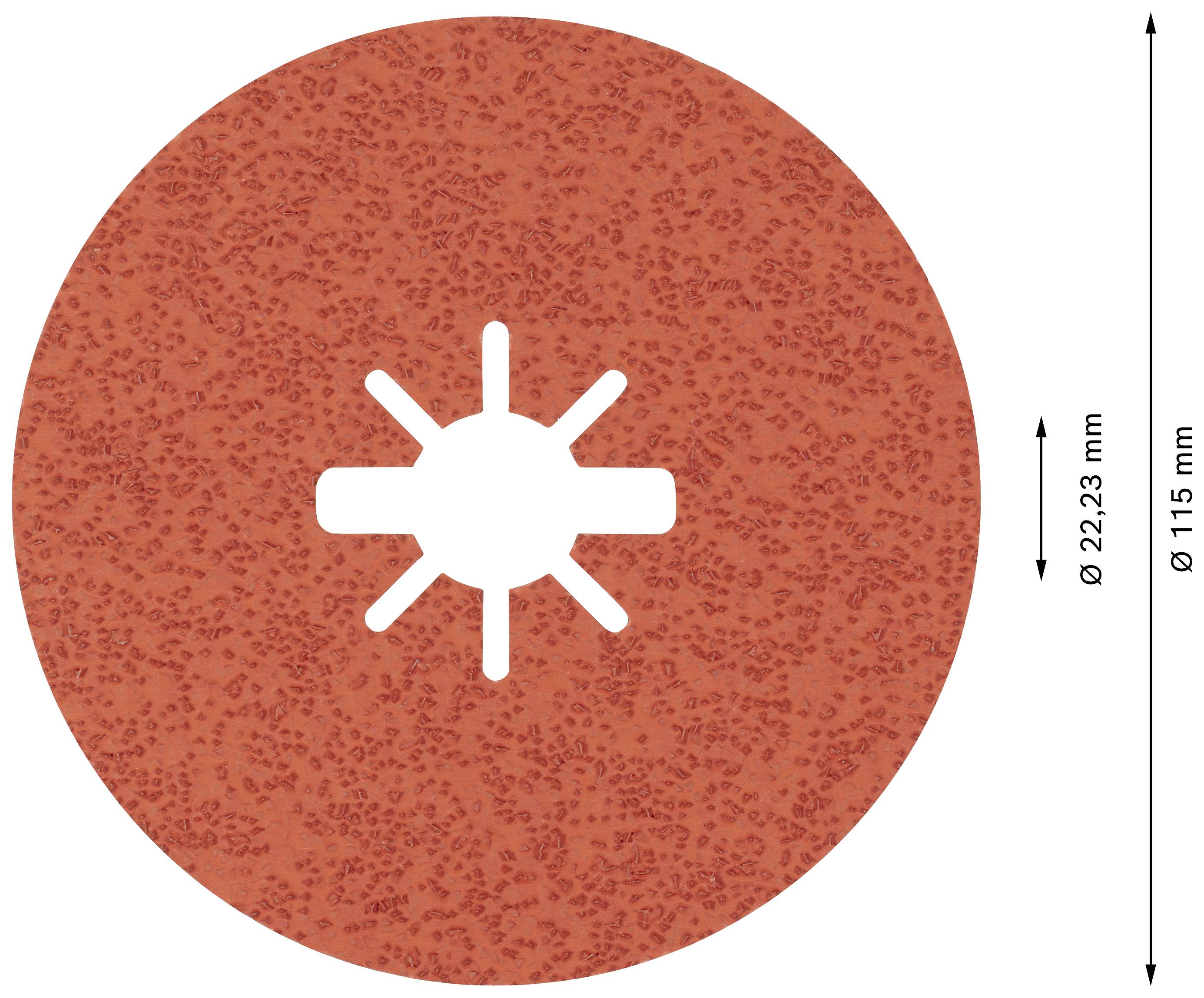 En rund, rød-orange slibeskive med et ottestrålet hul i midten. Skivens diameter: 115 mm, indvendigt hul: 22,23 mm.