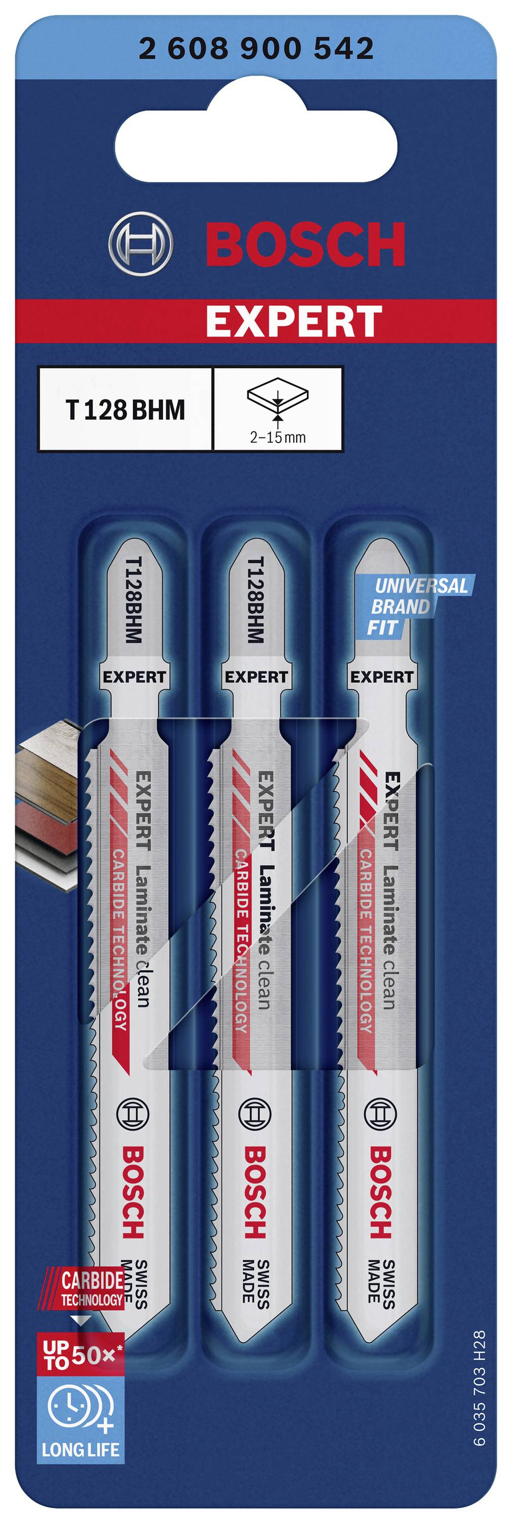 Et sæt på tre Bosch Expert savklinger, T 128 BHM, egnet til skæring af laminat og hårdt træ. Pakket i blå emballage.