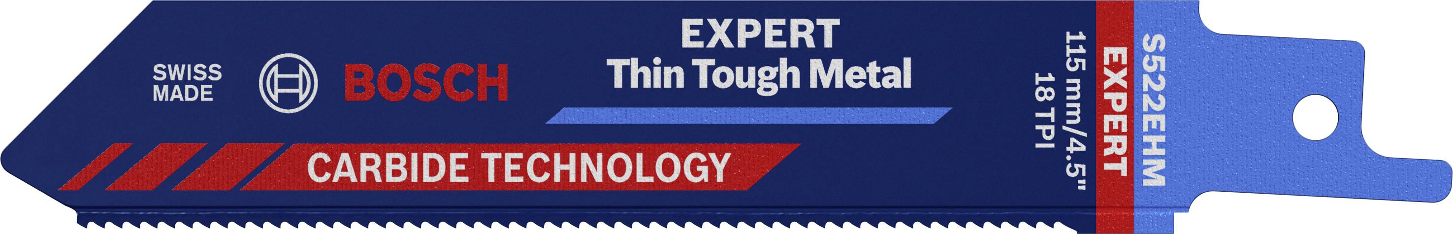 Bosch savklinge til tynde metaller, 115 mm lang, 18 tænder pr. tomme, blå mærkning med 'Carbide Technology' og 'Expert'.