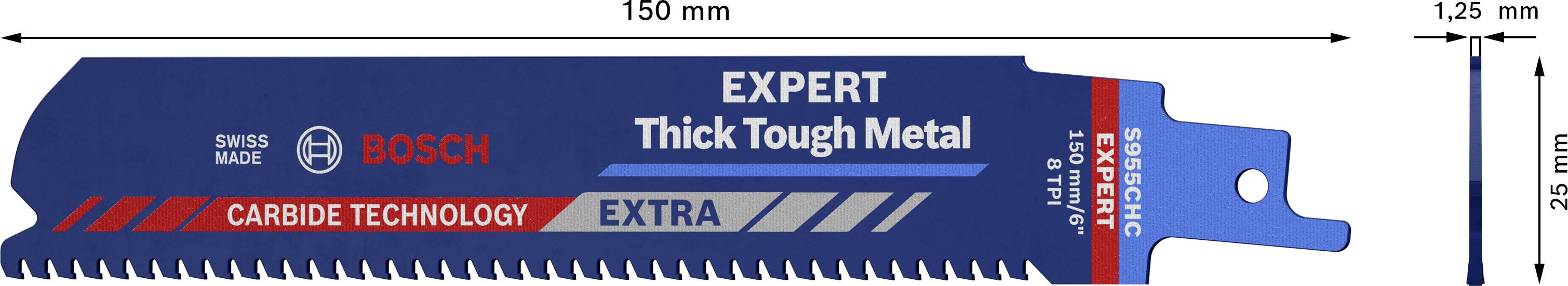 Savklinge med påskriften 'BOSCH EXPERT Thick Tough Metal'. Længde: 150 mm, højde: 25 mm, tykkelse: 1,25 mm. Ideel til metal.