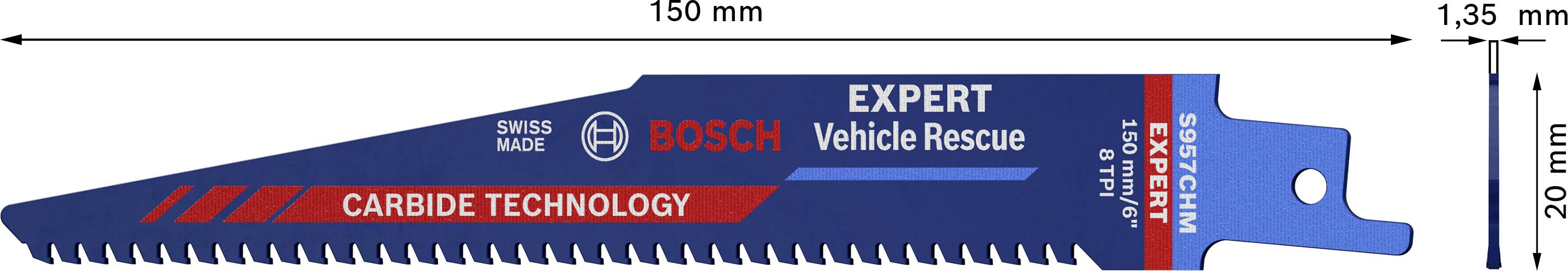 Stiksavklinge 'Bosch Expert Vehicle Rescue' med karbid-teknologi, længde 150 mm, højde 20 mm, tykkelse 1,35 mm, egnet til køretøjsredning.