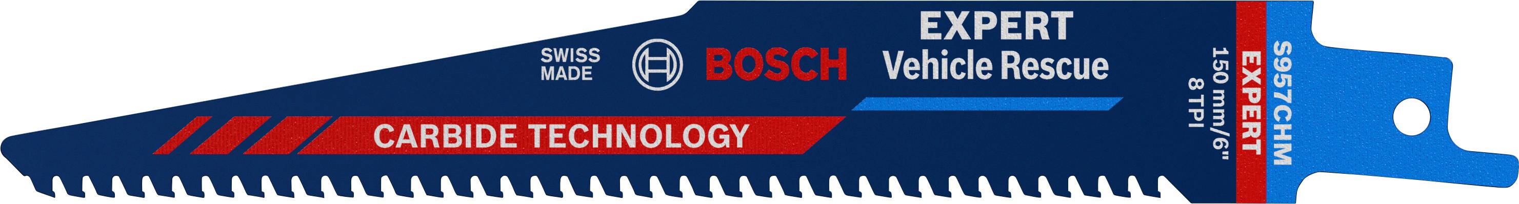 Sabelsaves klinge med påskriften 'Bosch Expert Vehicle Rescue', 'Carbide Technology', særligt designet til køretøjsredning.