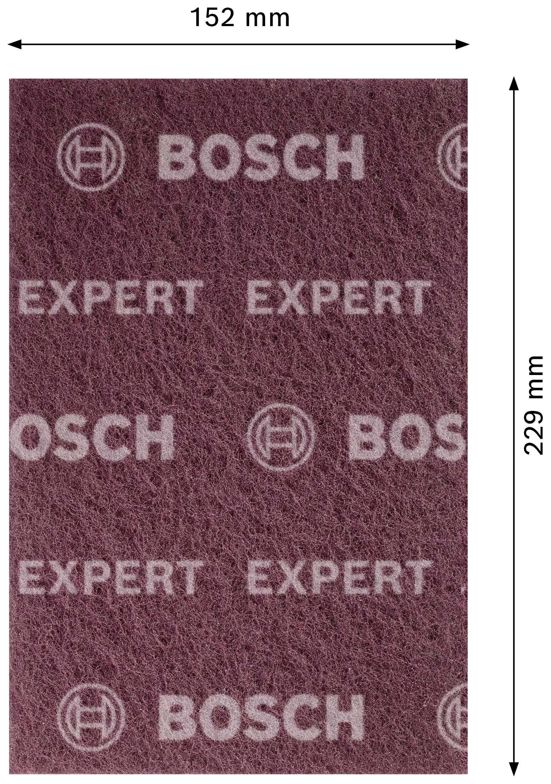 Rektangulær slibeplade fra Bosch Expert, mål 152 mm x 229 mm. Baggrundfarve brunrød med hvidt Bosch-logo og -tekst.