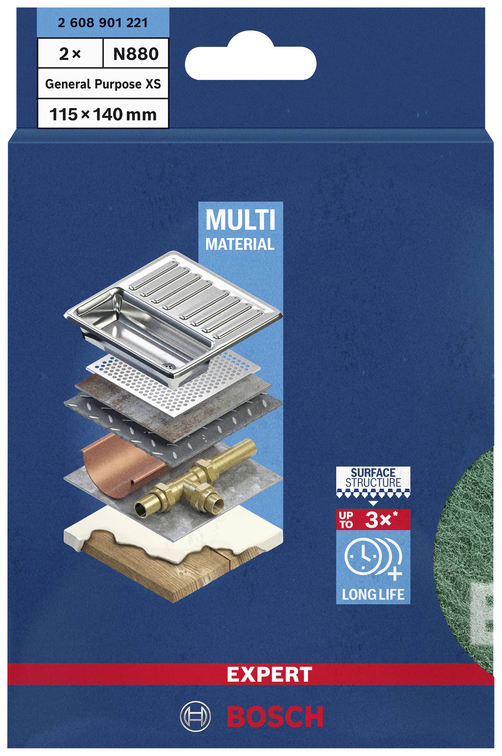 Emballage fra Bosch-ekspert, der viser et multimateriale-slibepapir til forskellige overflader, inklusive symboler for holdbarhed og materialemangfoldighed.