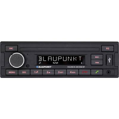 Autoradio forfra med display, der viser 'BLAUPUNKT'. Knapper til menu, lydstyrke og stationsvalg, USB-port synlig.