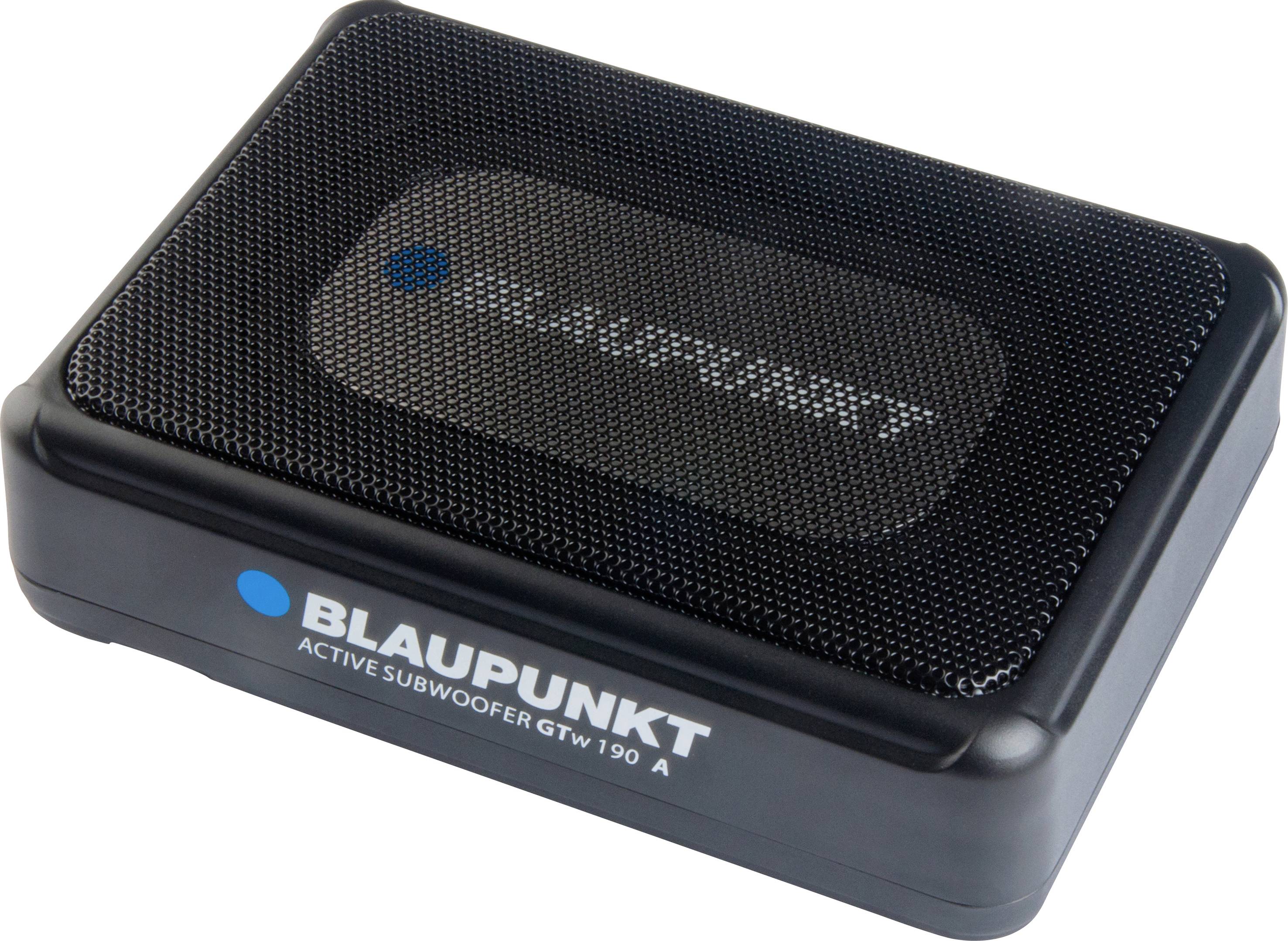 Kompakt sort aktiv-subwoofer fra Blaupunkt, model GTw 190 A, til kraftig bas i bilaudiosystemer.