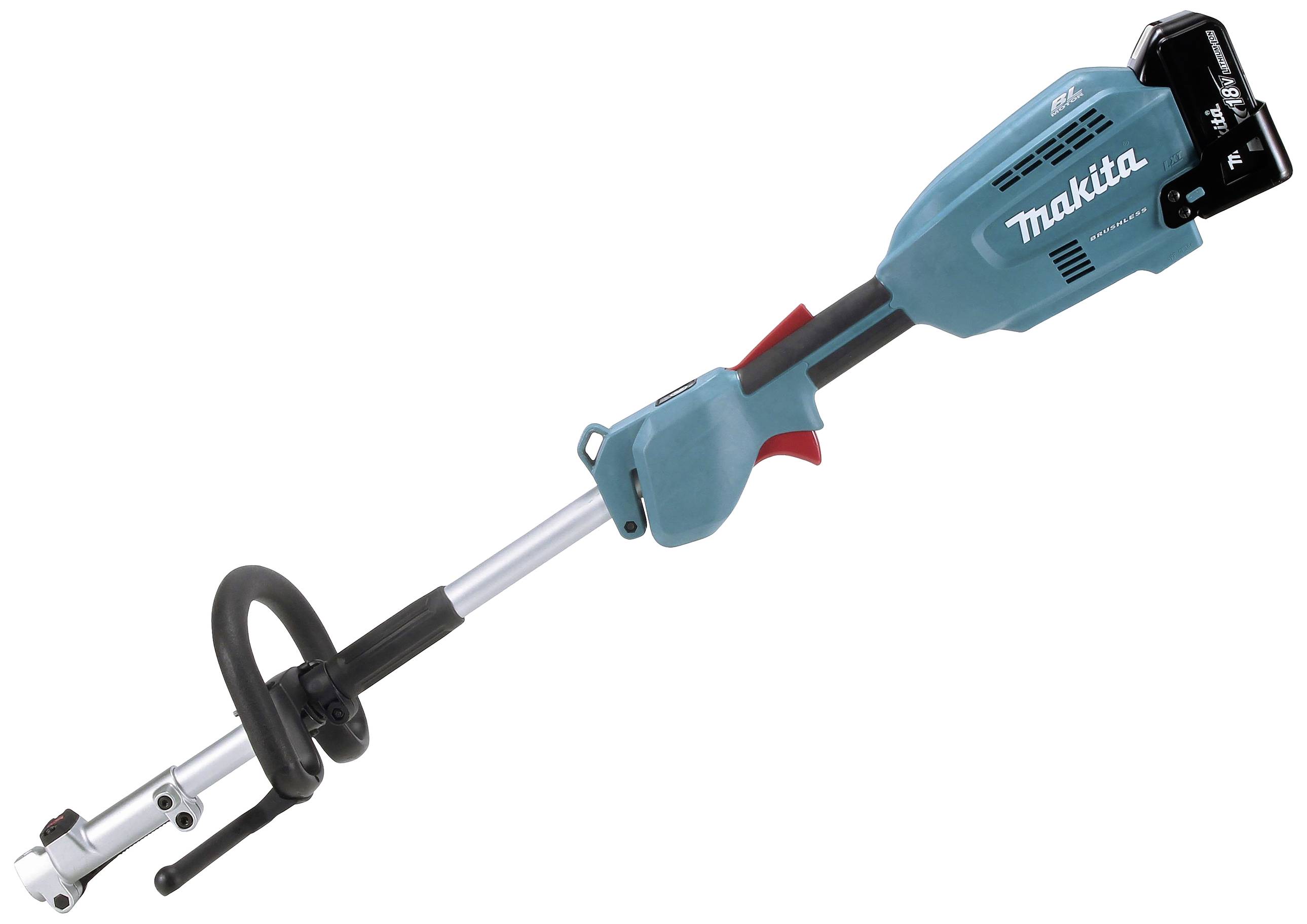 Batteridrevet græstrimmer med ergonomisk håndtag, blå-sort, mærke Makita. Ideel til trimning af græs og hække i svært tilgængelige områder.