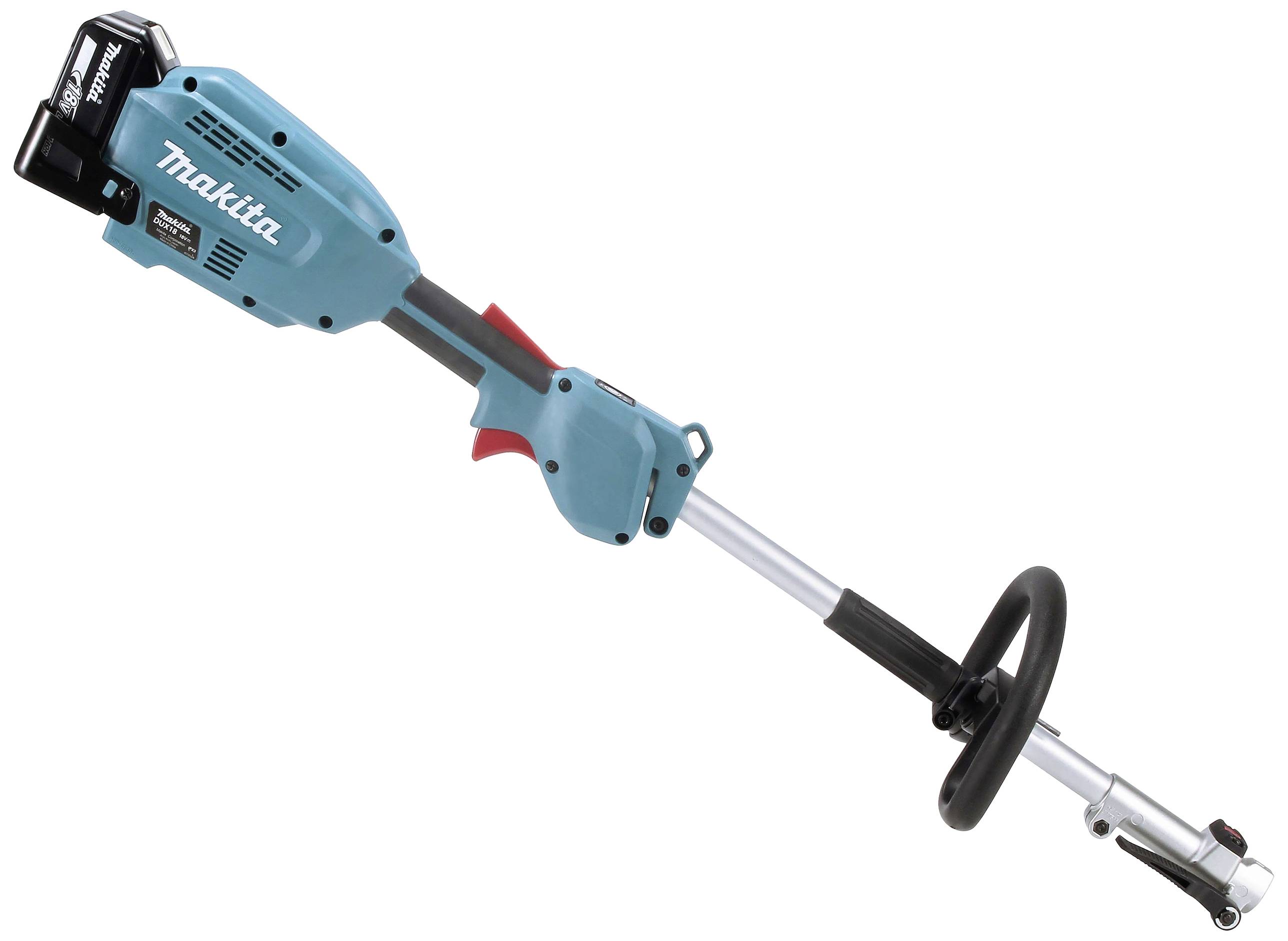 En blå, trådløs havetrimmere med sort greb fra mærket Makita. Batteriholder og betjeningselementer synlige.