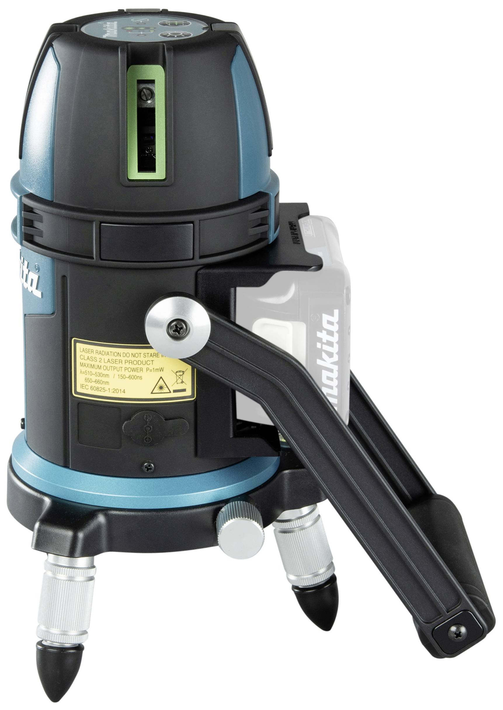 Laserniveau med tre udklappelige stabilitetsben. Makita-logo synligt, egnet til byggeri og opmåling.