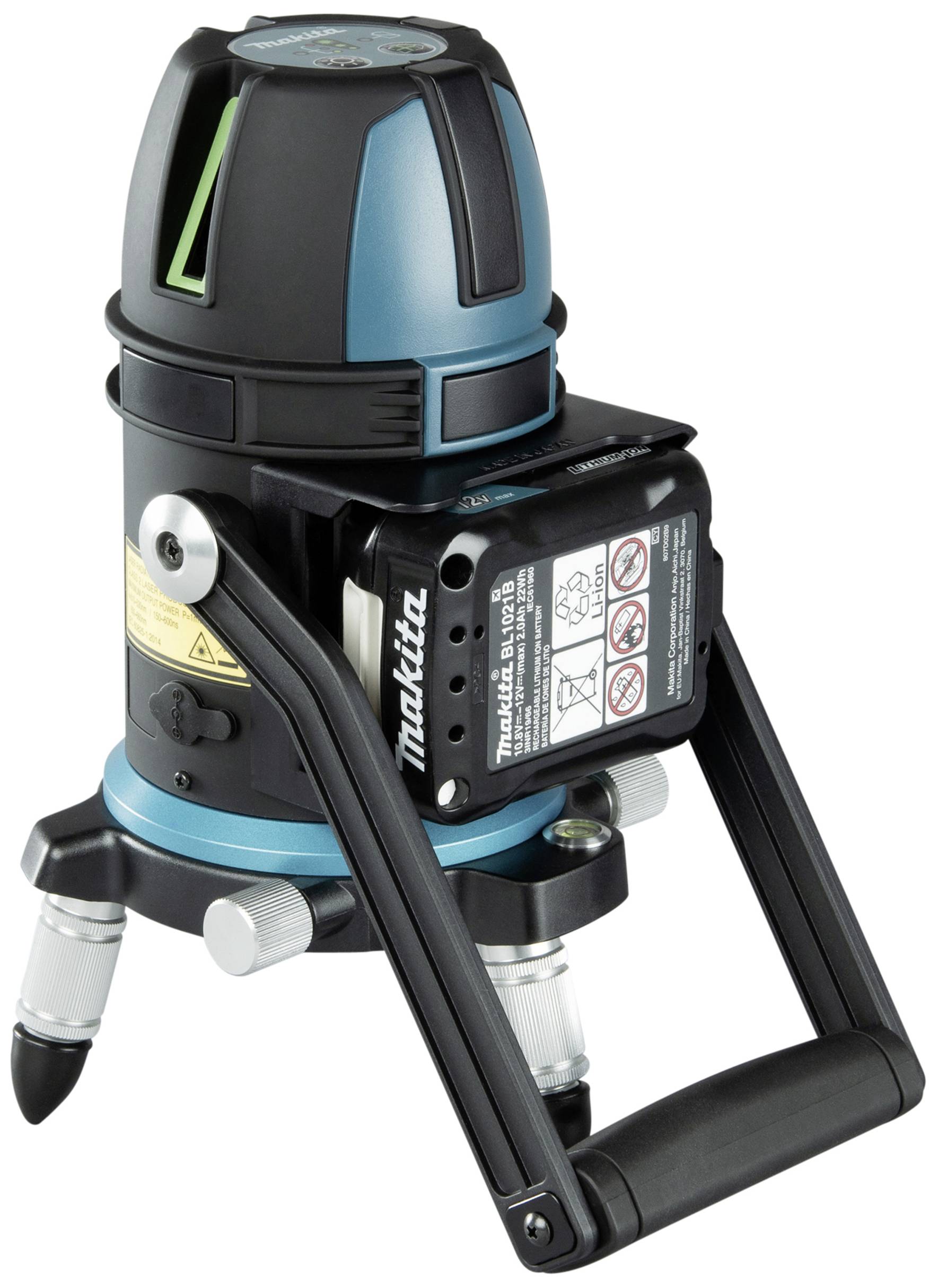 Makita krydslinjelaser med tre ben. Sort og blå boks med betjeningspanel og advarselshenvisninger.