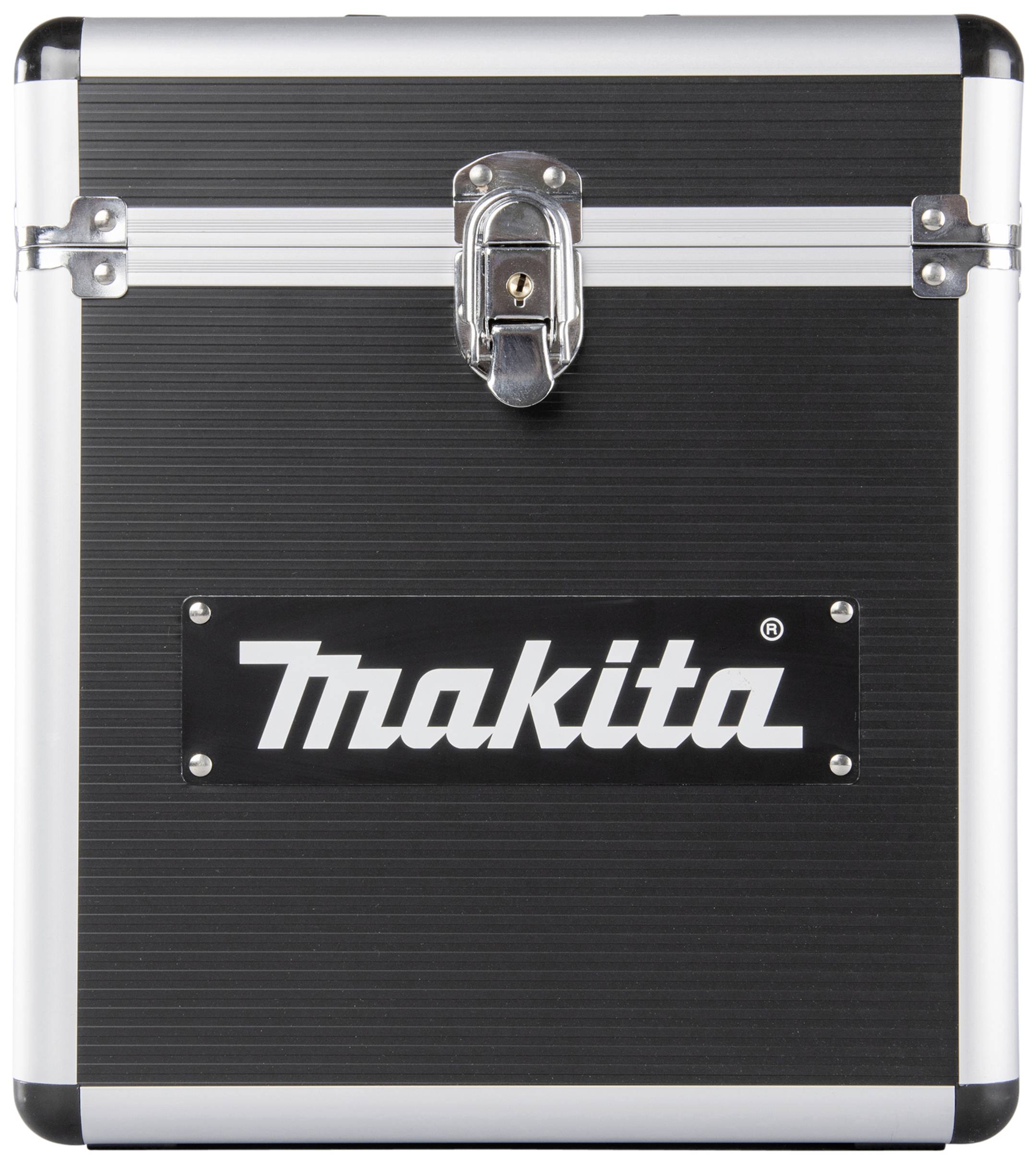 Sort, lodret værktøjskasse med et sølvfarvet lås øverst og et 'Makita'-logo i midten.