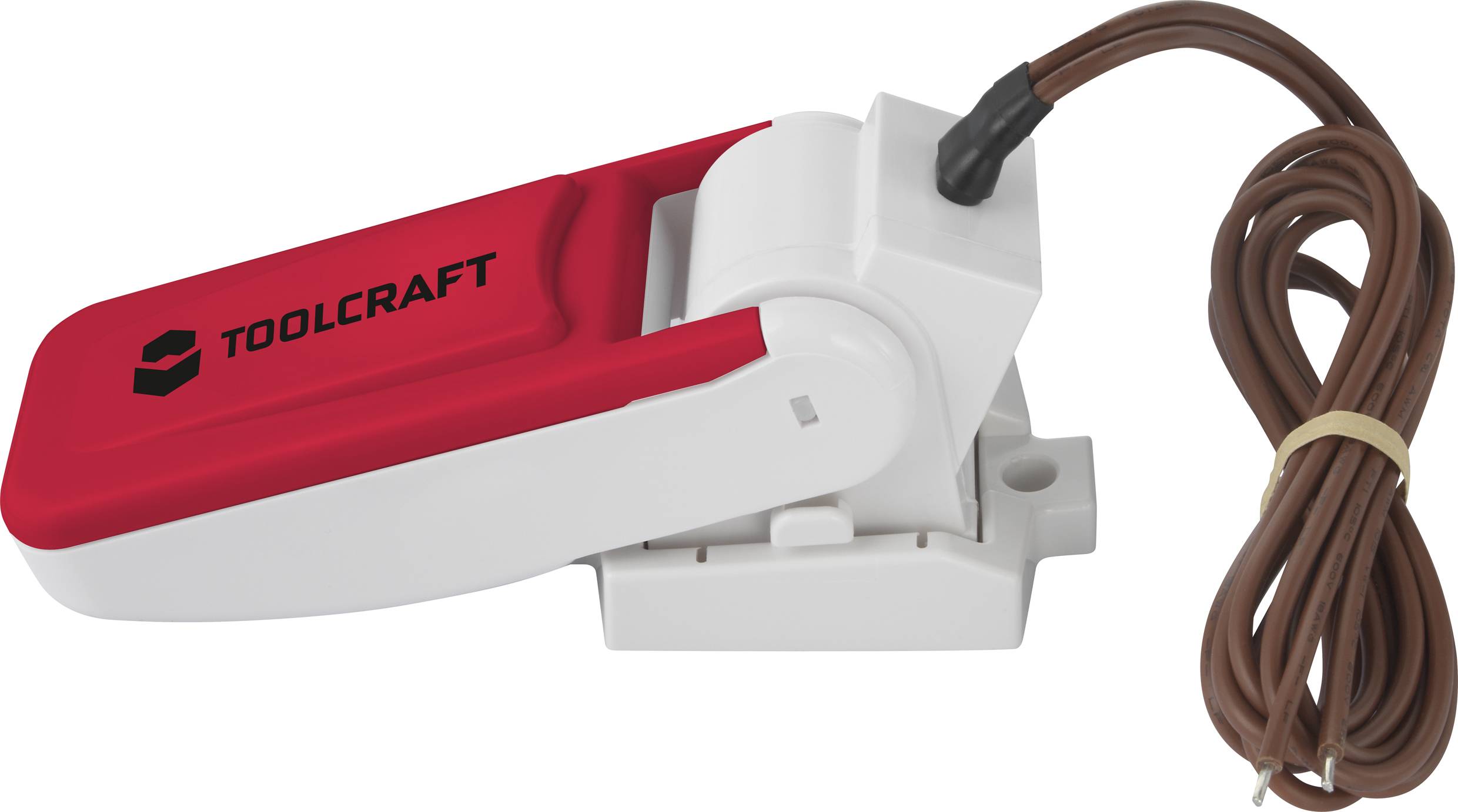 En dør-/vindeskontakt i rød og hvid med et brunt kabel. Mærket med varemærkelogoet 'TOOLCRAFT'.