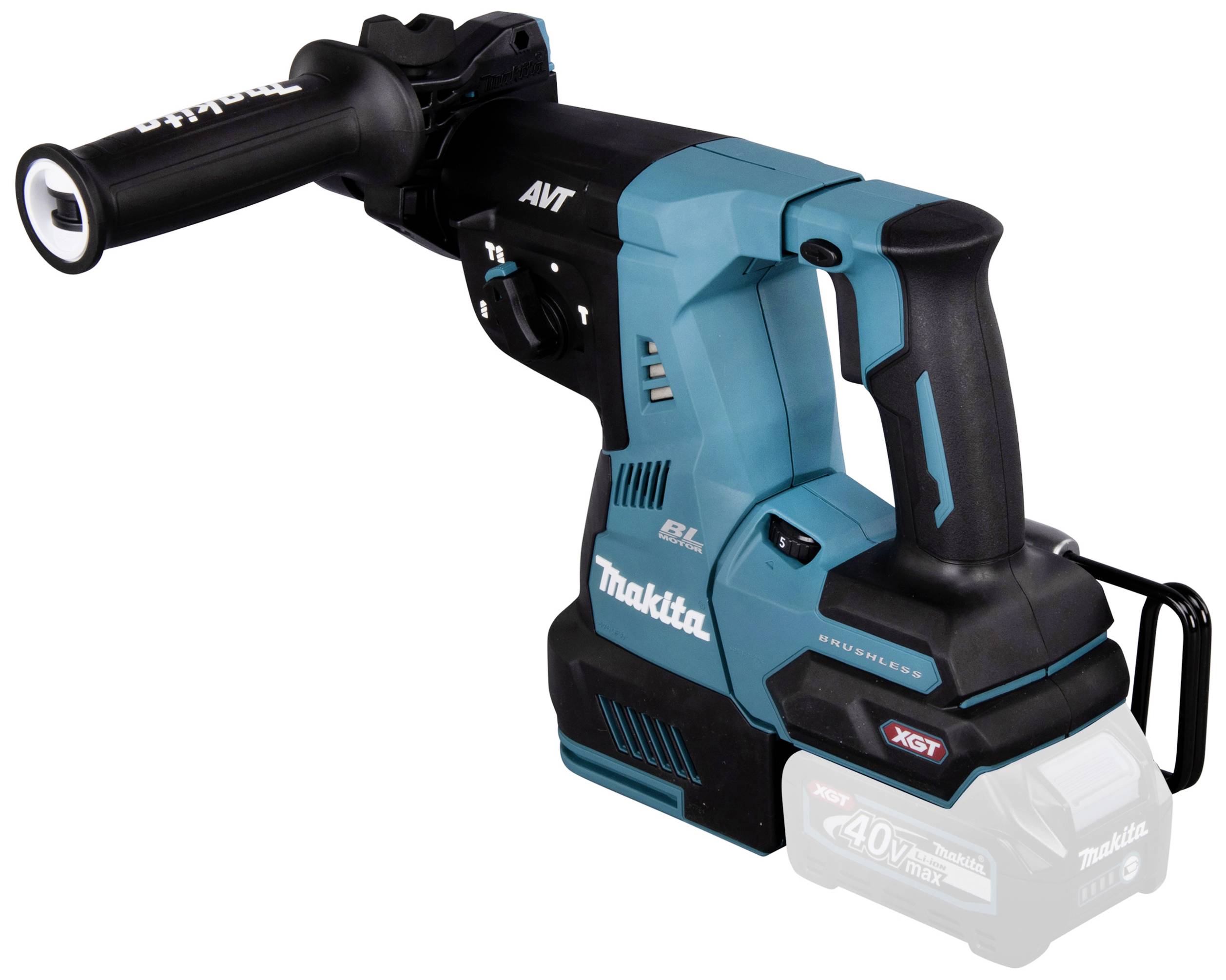 Akku-boremaskine i blå farve med sort greb og ekstra håndtag. Mærke "Makita" med "40V" batteri. Velegnet til gør-det-selv-opgaver.