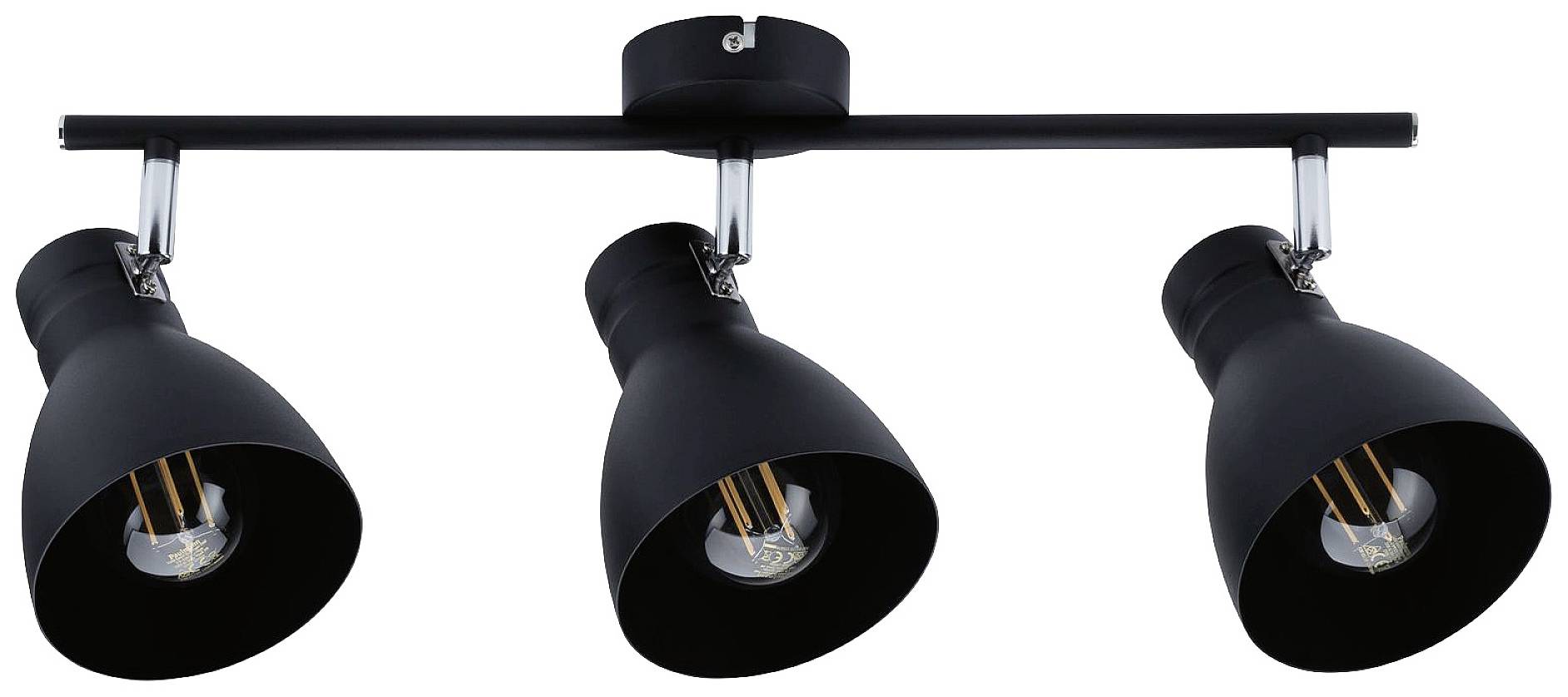 Sort loftlampe med tre arme og justerbare spots; monteret på loftet, velegnet til moderne interiør.