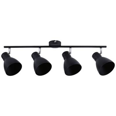 Sort loftslampe med fire justerbare spots monteret på en vandret skinne, velegnet til retningsbestemt belysning.