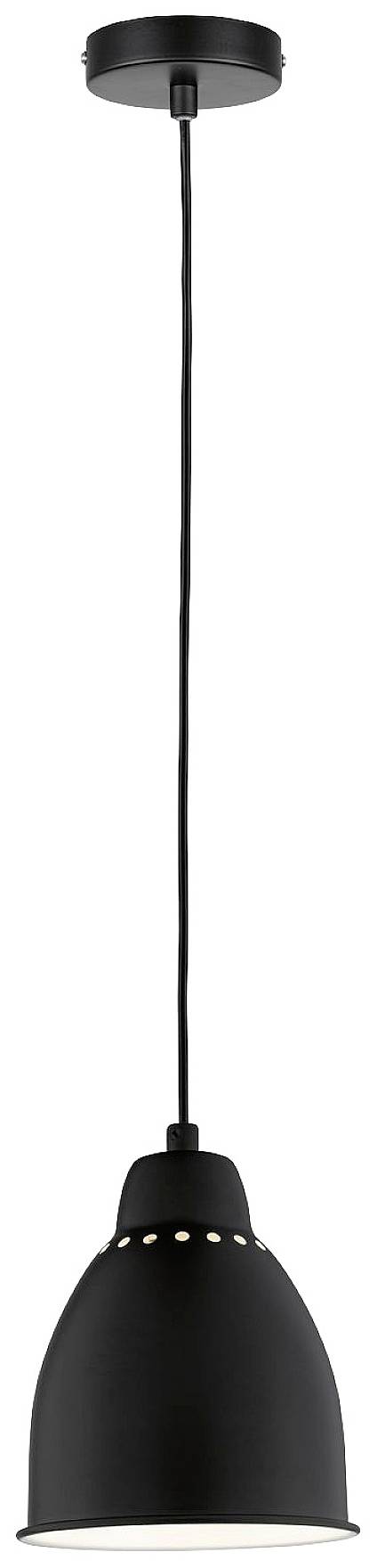 Sort pendellampe med moderne design, cylinderformet skærm, ophængt i en ledning, velegnet til belysning i boligrum.