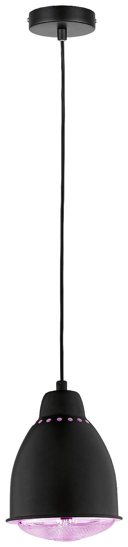 Sort loftslampe med hængende design og lyserød lysudgang. Perfekt til moderne indretning og akcentbelysning.