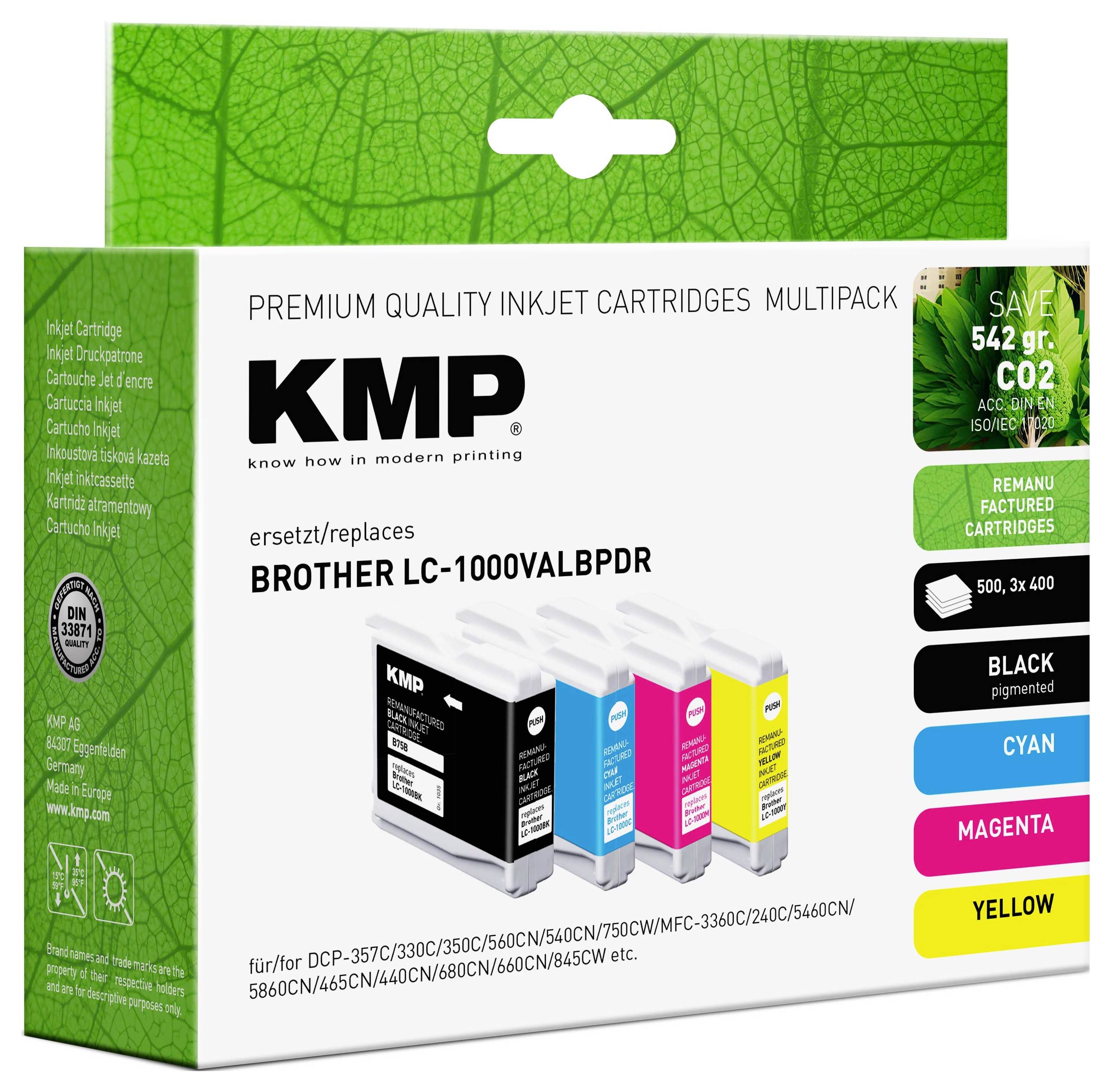 KMP multipack blækpatroner til Brother LC-1000VALBPDR, erstatter sort, cyan, magenta, gul. 'Spar 542g CO2' mærkat på æsken.