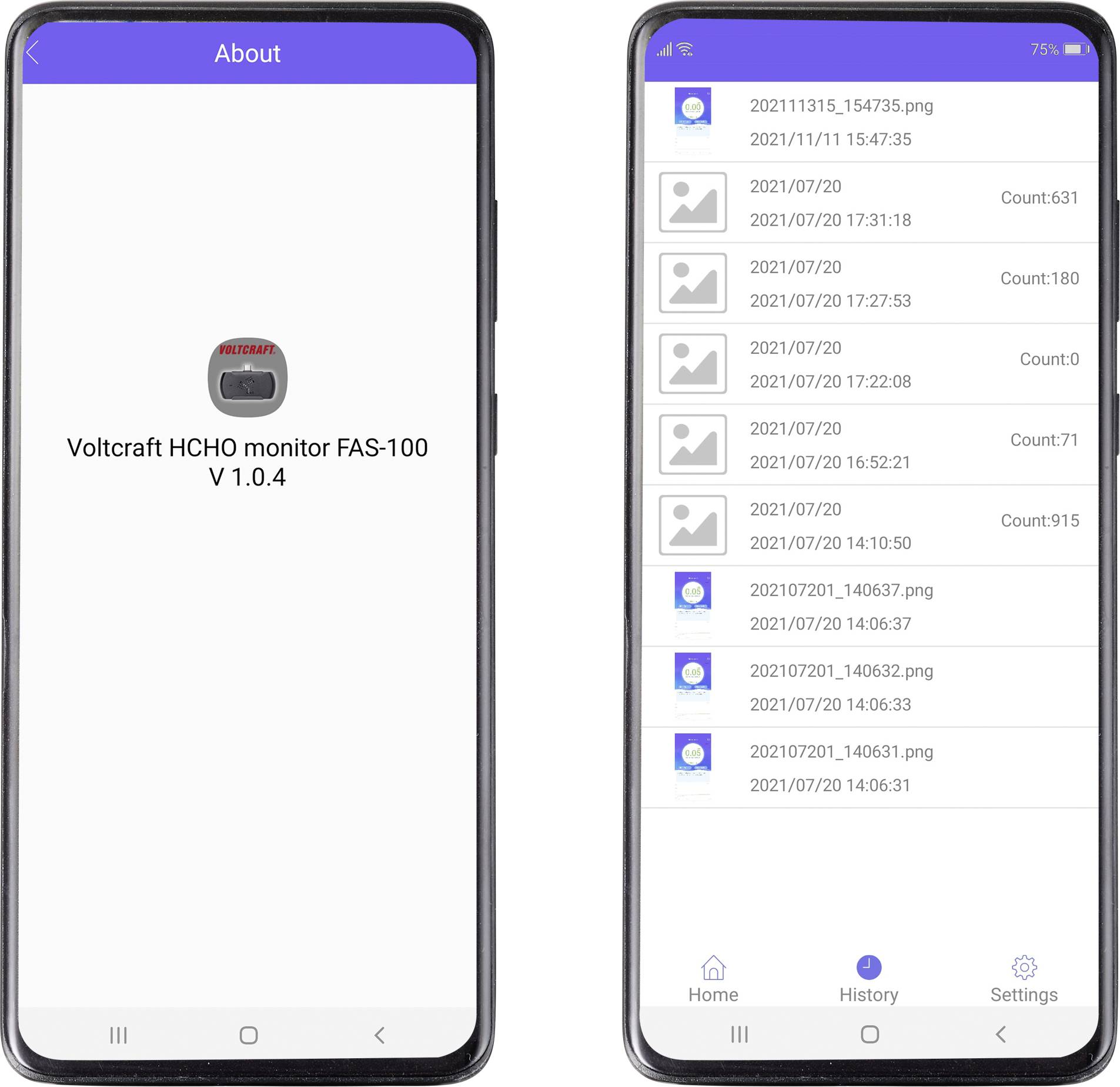 To Smartphone-skærme: Venstre 'Volcraft HCHO monitor FAS-100 V1.0.4'; højre en liste med datoer og tælleværdier.