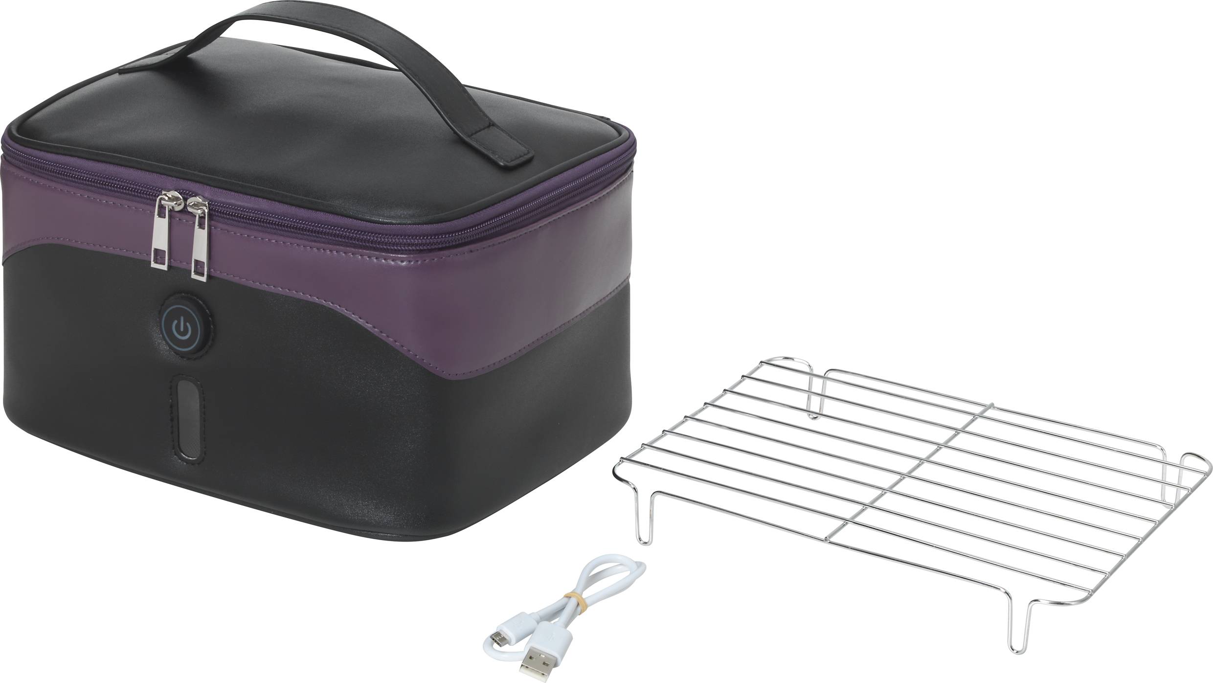 Sort elektrisk madkasse med lilla detaljer, lynlås og bærehåndtag; ved siden af et USB-kabel og en metalstativ.