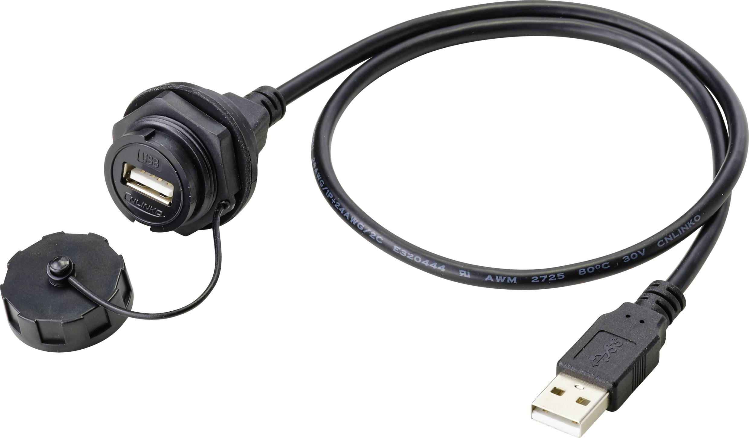 USB-kabel med beskyttelseshætte og monteringsstik, klar til installation, muliggør sikker tilslutning og beskyttelse mod snavs.