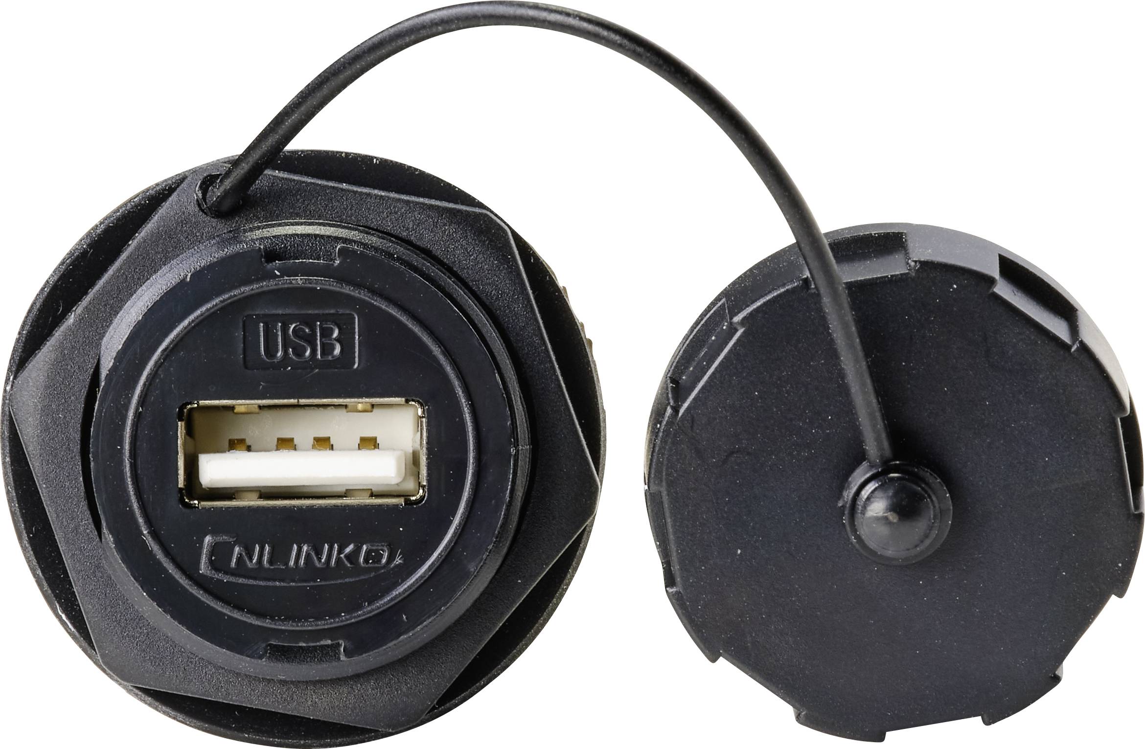 To black USB-dæksler, et med stik synligt, det andet lukket, forbundet med et kort kabel.
