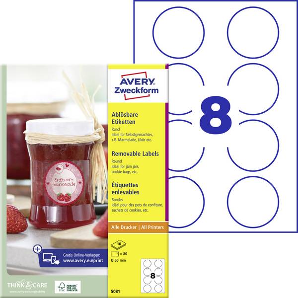 Avery-Zweckform 5081 Universelle etiketter Ø 65 mm Papir Hvid 80 stk Kan fjernes igen Farvelaserprinter, Laserprinter, Inkjetprinter