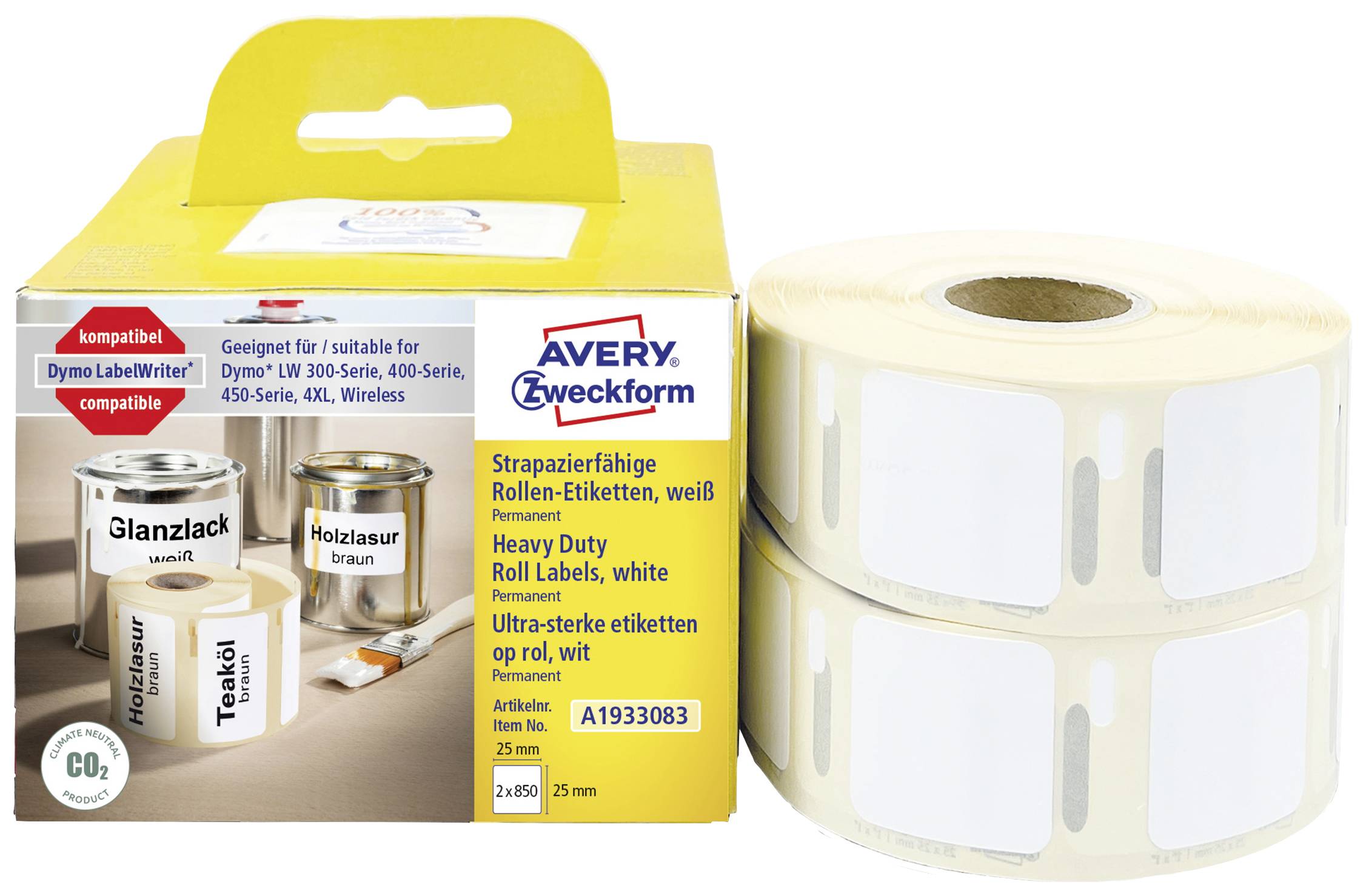 To hvide, slidstærke etiketter ligger ved siden af en Avery Zweckform-emballage til termoprintere.
