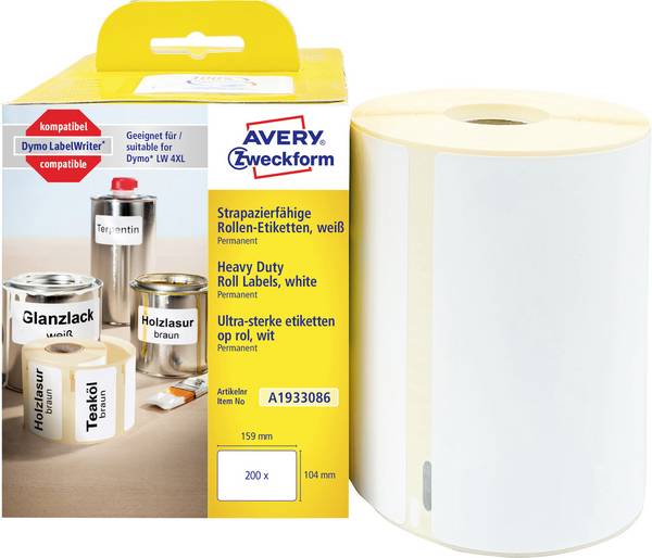 Avery-Zweckform Etiketter (rulle) 159 x 104 mm Folie Hvid 1 stk Permanent vedhæftningsevne A1933086 Universelle etiketter
