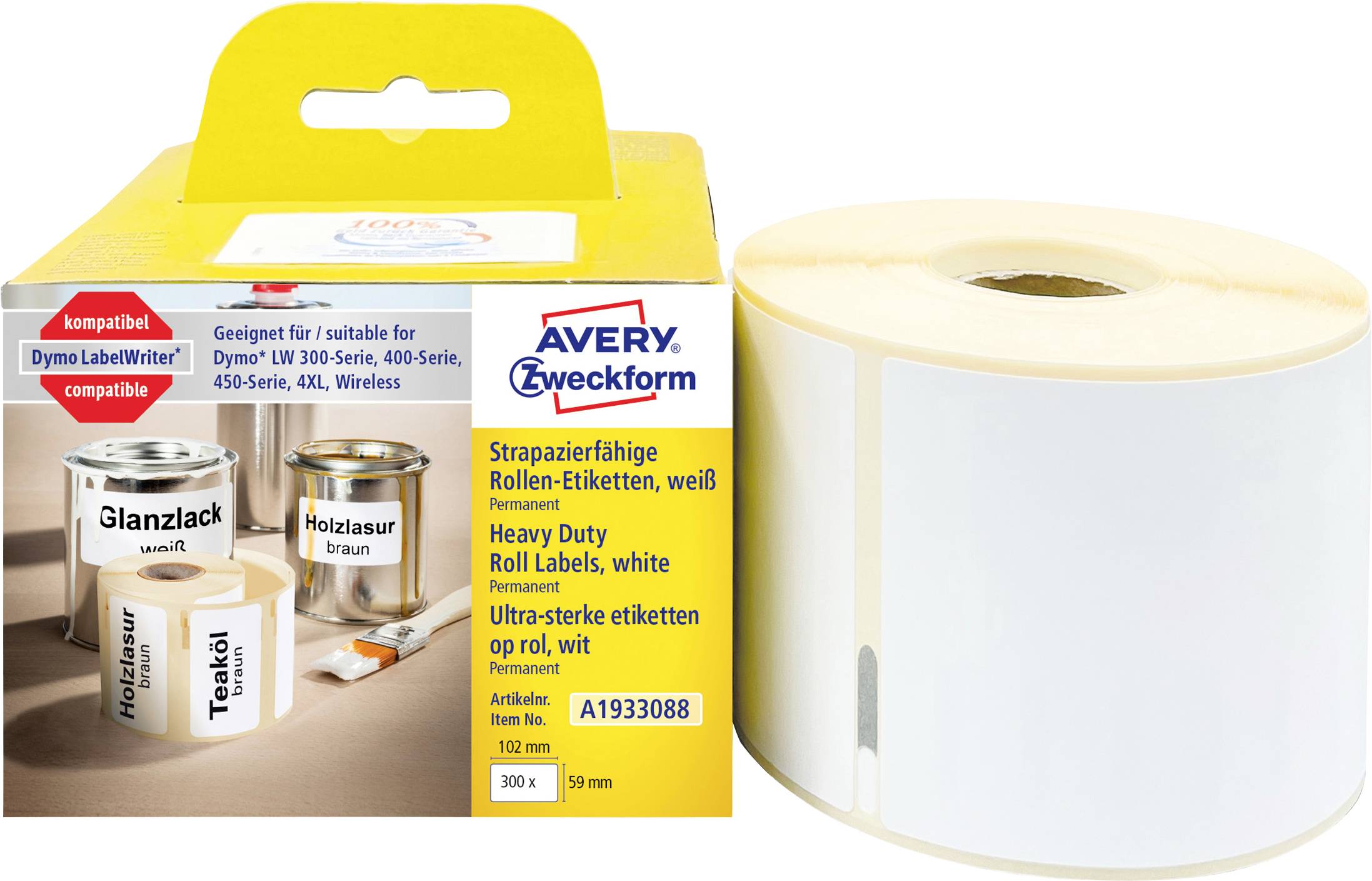 Rulle med hvide Avery Zweckform permanente selvklæbende etiketter med emballage vist, kompatibel med Dymo LabelWriter-printere.