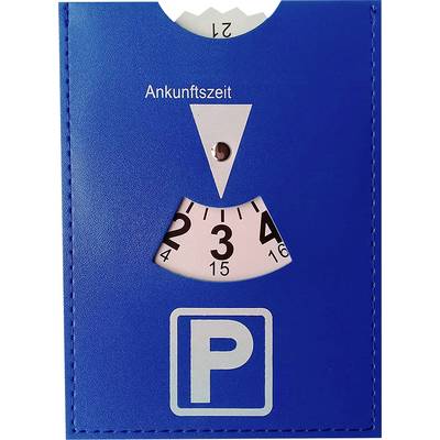 Blå parkeringsskive med hvidt 'P' symbol. Pilen peger på 15:00 under ordet 'Ankomsttidspunkt' øverst på skiven.