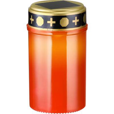 Et orangefarvet gravlys med gyldent låg og sorte symboler står lodret.