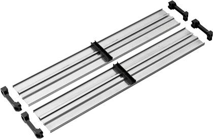 To metalange, parallelle metalskinner med hver to sorte beslag i enderne.