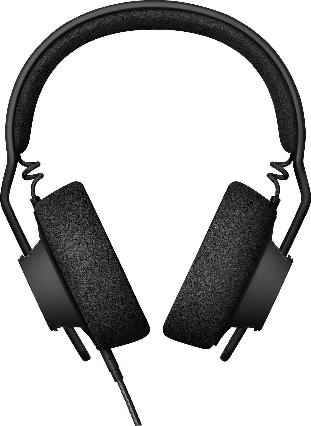 Sort over-ear høretelefoner fremstillet af blødt materiale, med kabelstik i bunden.