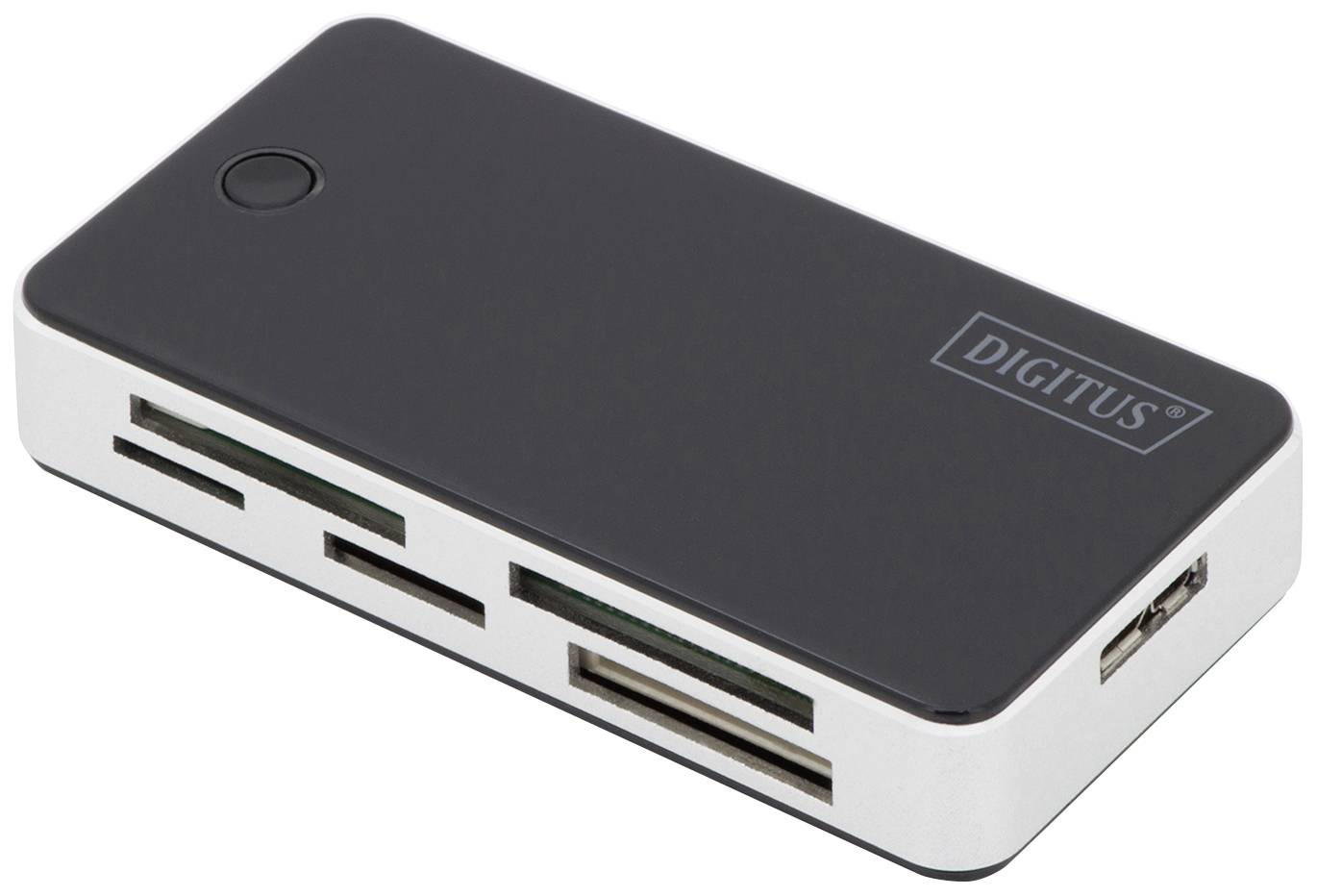 Kompakt sort kortlæser med USB-stik og flere hukommelseskortpladser. Mærke: Digitus.