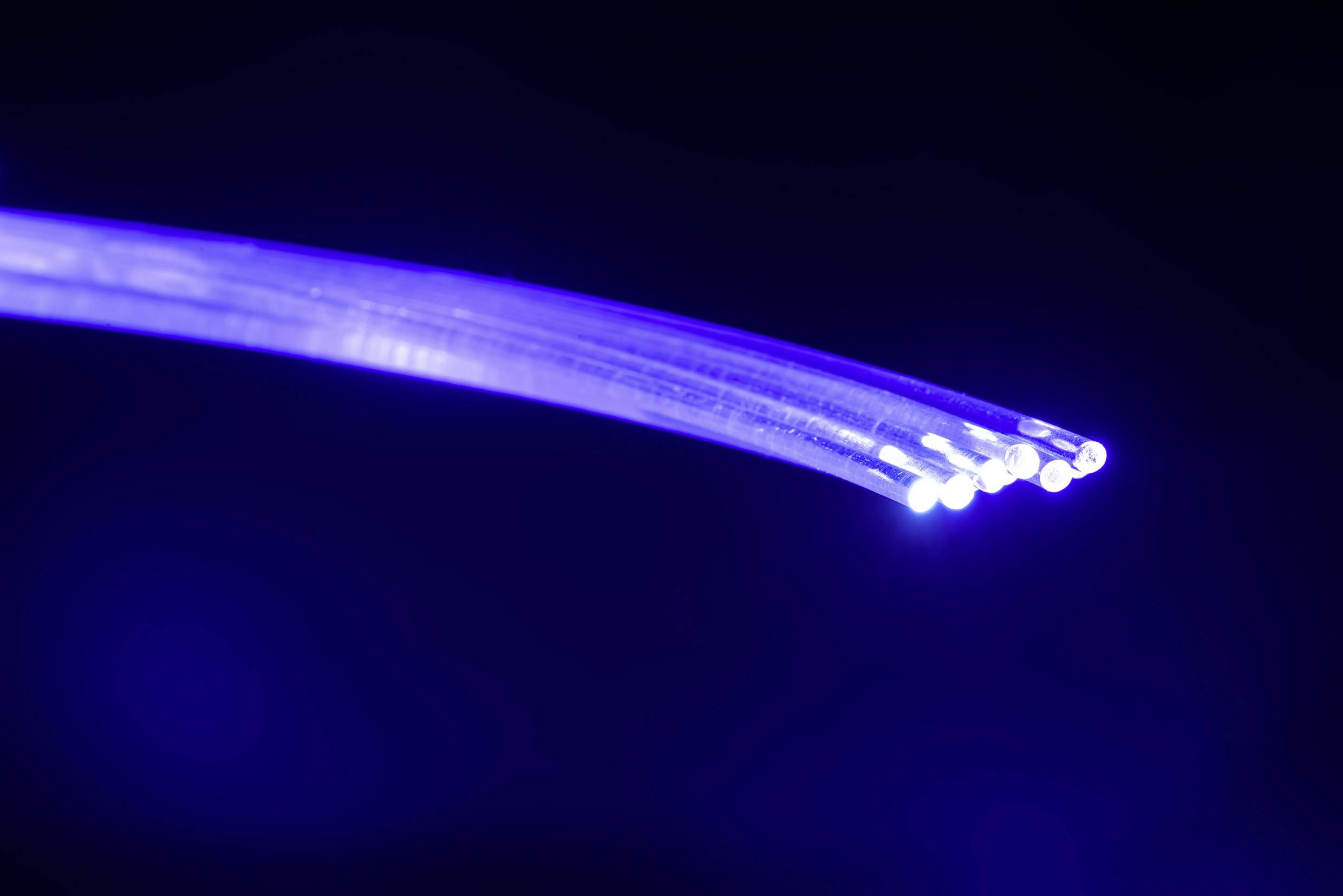 Blå glasfiberkabler lyser op i mørke omgivelser og symboliserer hurtige internetforbindelser og den nyeste teknologi.