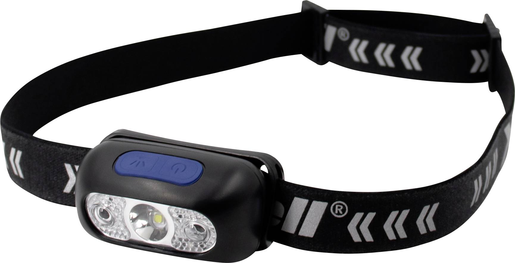 Pandelampe med sort bånd, to LED-lys og blå kontakt til udendørs aktiviteter som vandring eller camping.