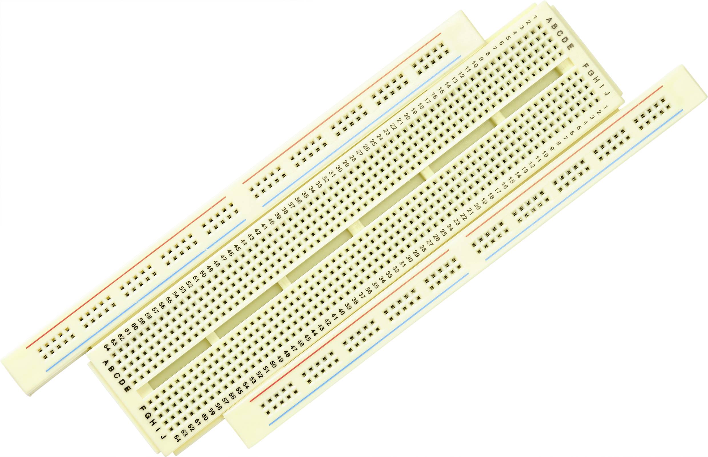 Breadboard til elektroniske kredsløb med vandrette og lodrette stikfelt til udførelse af kredsløbsopsætninger.