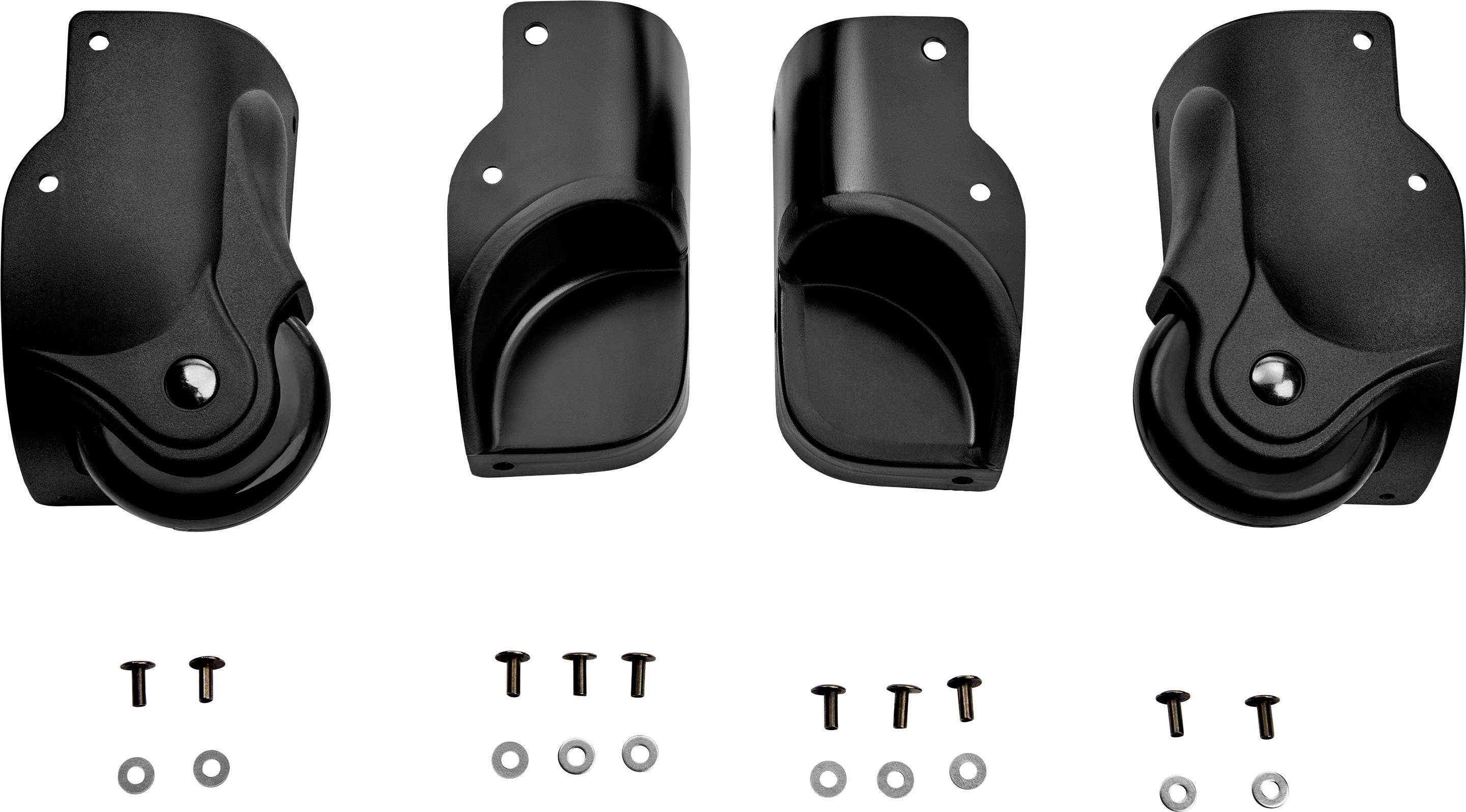 'Fire sorte ruller, to med hjul, to uden. Indeholder monteringsmateriale: Skruer og skiver.'