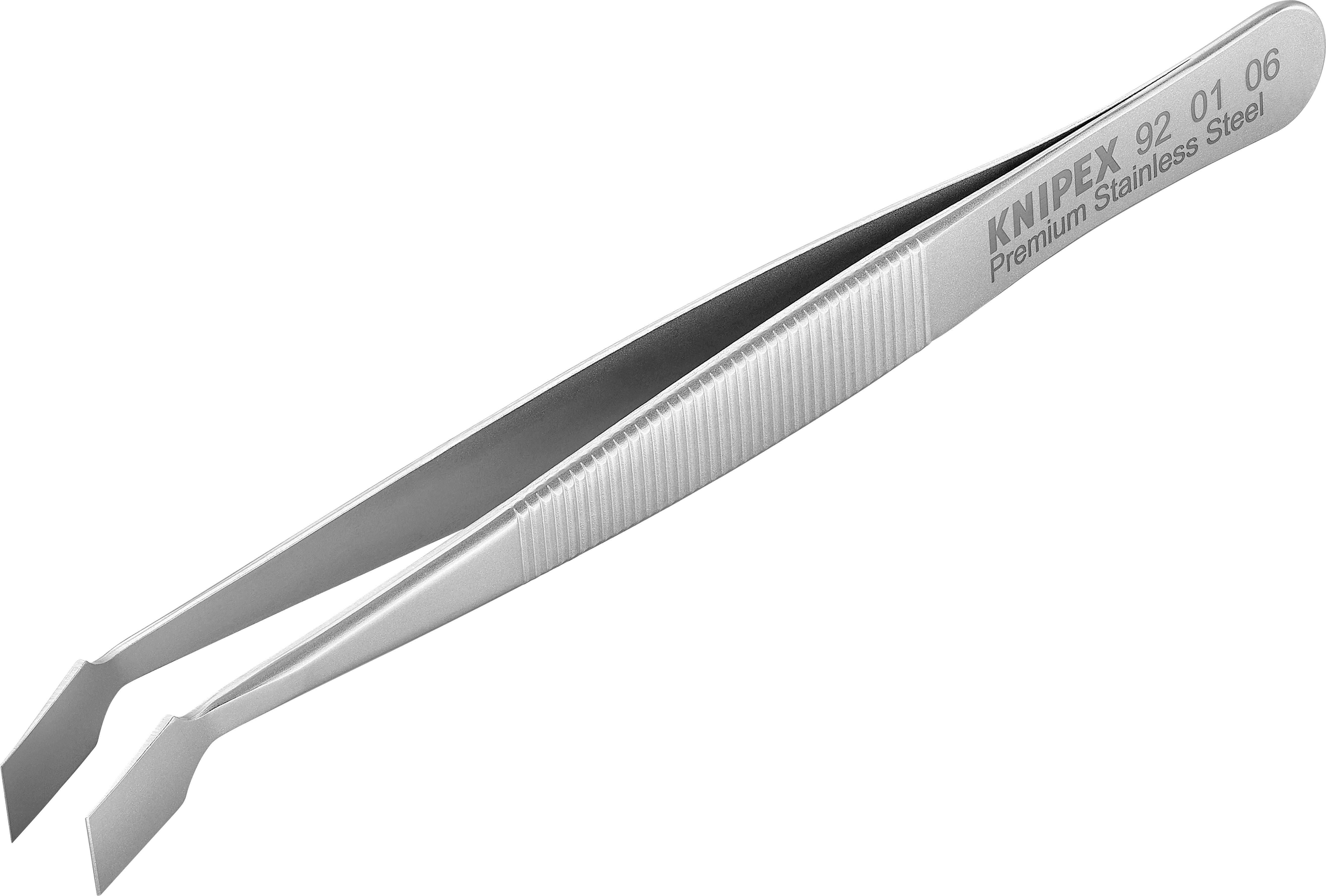 En rustfri pincet med rillede greb, mærket 'KNIPEX 92 01 06', viser funktionelt værktøjsdesign.