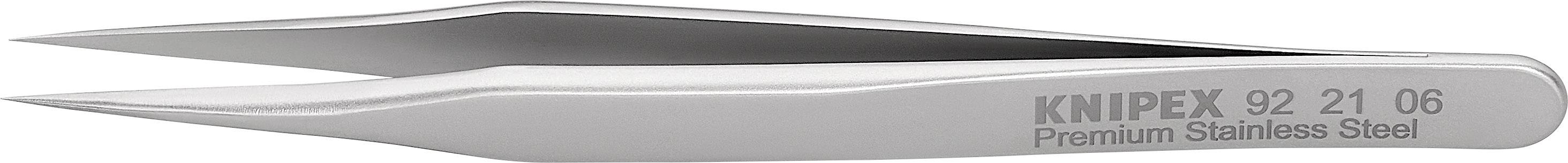 En præcisionspincet i rustfrit stål, set fra siden. På siden står der 'Knipex 92 21 06 Premium Stainless Steel'.