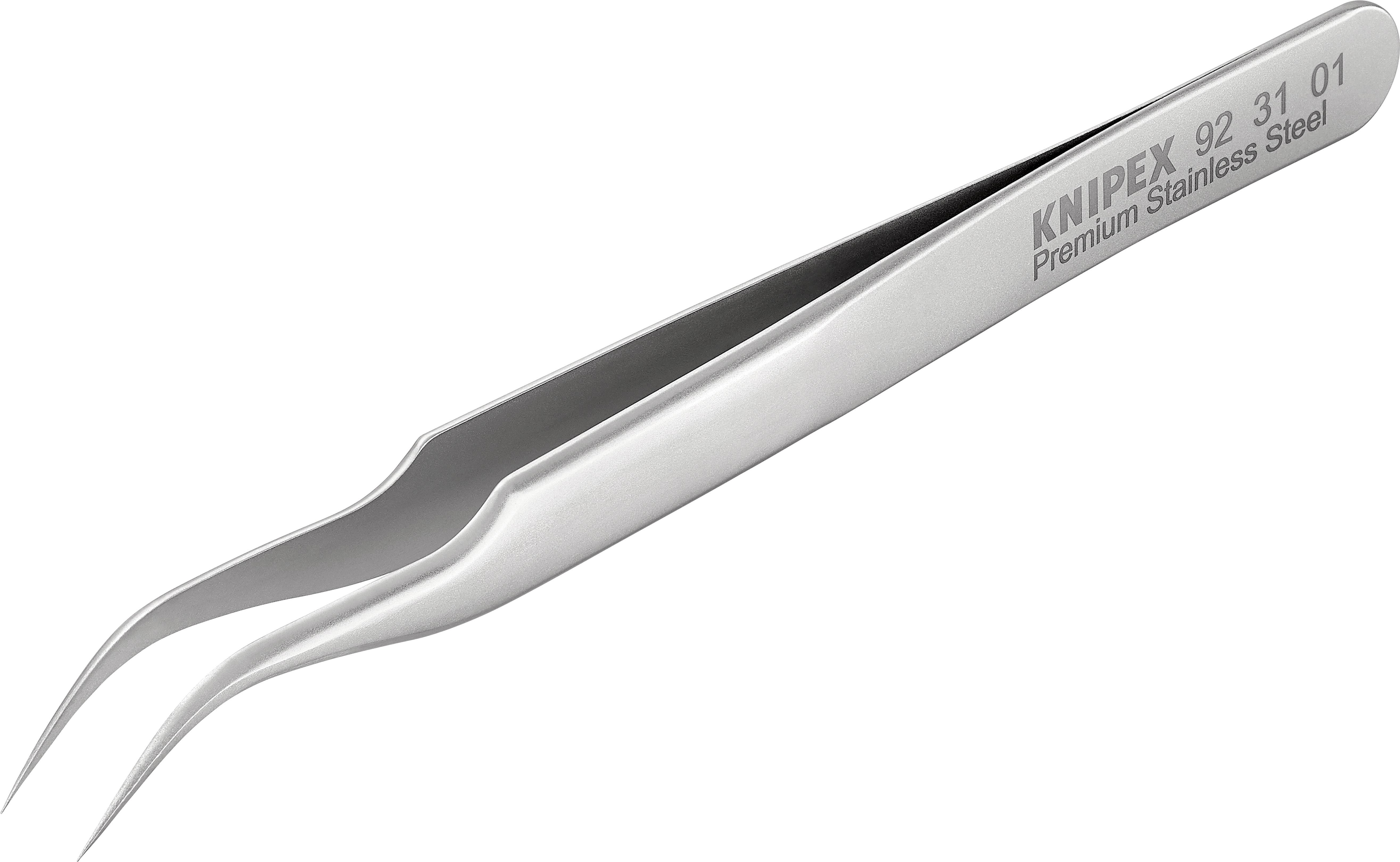 Rustfri pincet med buede spidser og påskriften 'KNIPEX 92 31 01 Premium Stainless Steel' på grebet.