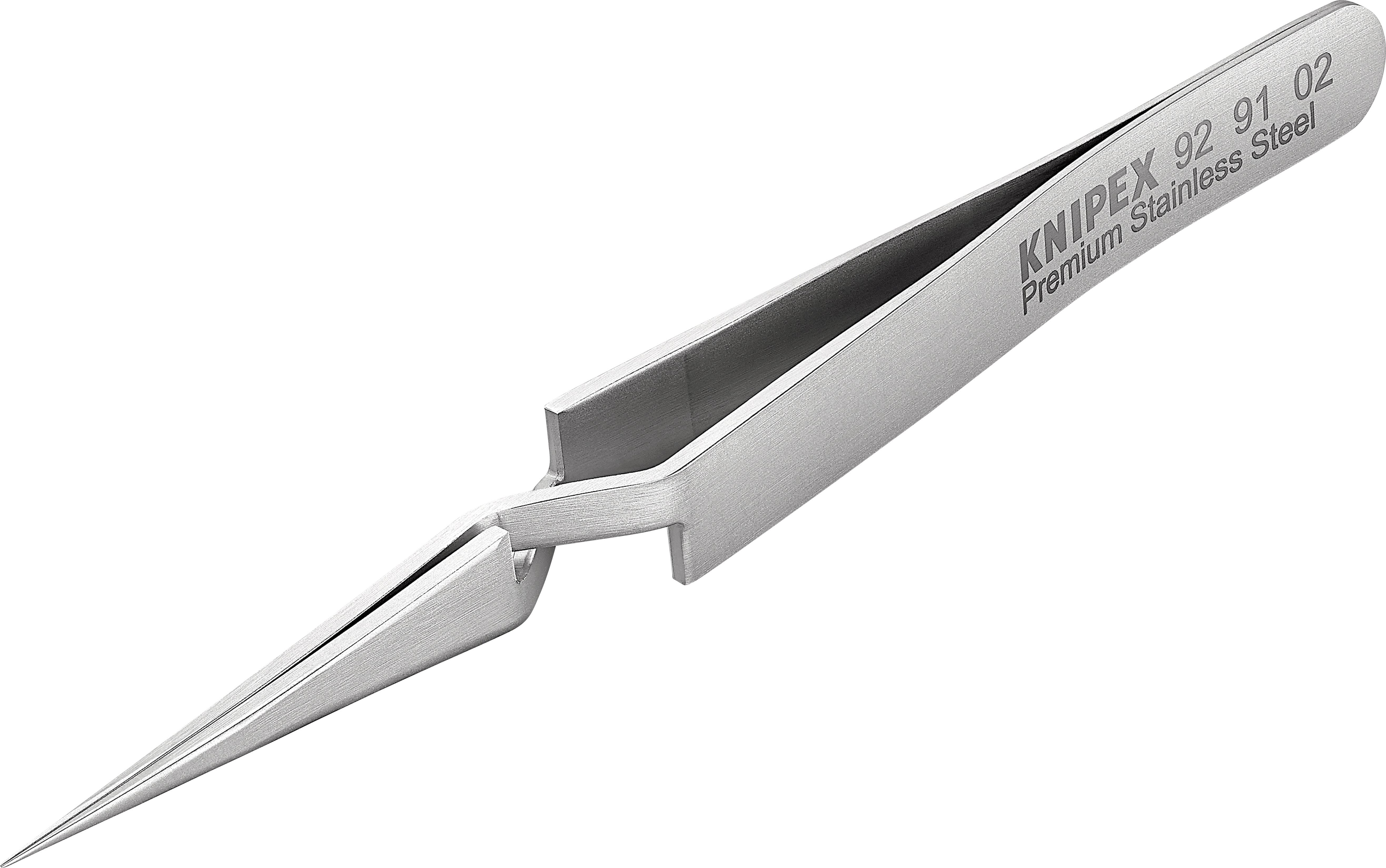 En sølvfarvet pincet i rustfrit stål med påskriften 'KNIPEX Premium Stainless Steel' og en fin spids.