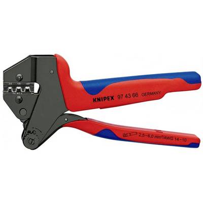 En kabelkrimptang med røde greb og påskriften 'Knipex 97 43 66 Germany' til kabeltværsnit på 2,5-6,0 mm².
