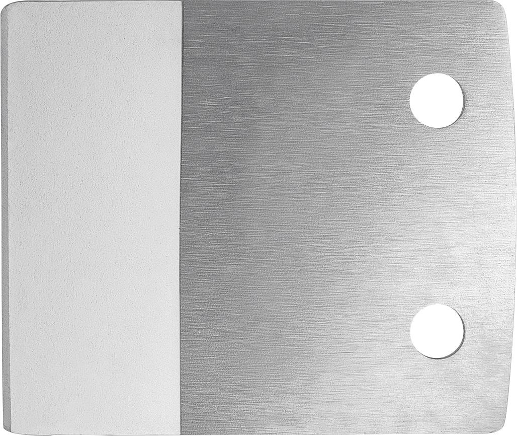 En rektangulær metalplade, halvt blank og halvt børstet, med to cirkulære huller på højre side.